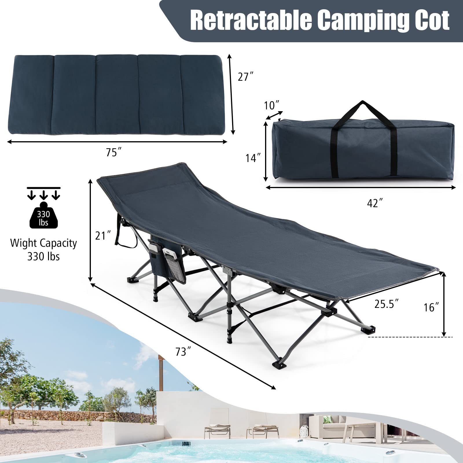 Goplus Heavy-Duty Folding Camping Cot with Mattress & Pillow - Portable Military Sleeping Cot for Adults & Kids, Includes Carry Bag & Storage Pocket - Perfect for Camping, Hiking, Home Office Naps & Outdoor Adventures (Blue)