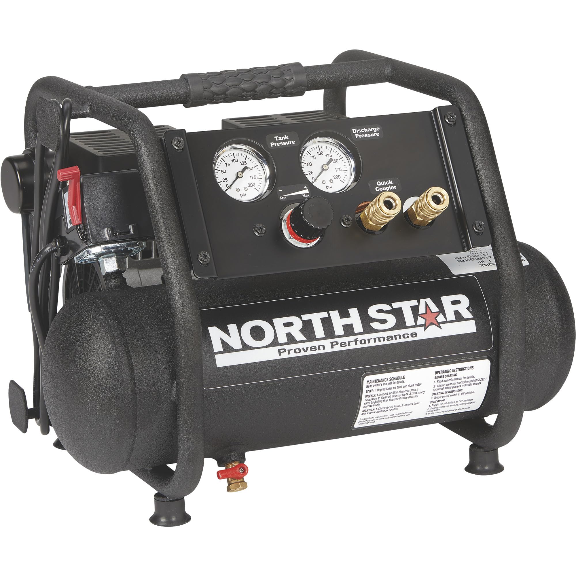 NorthStar Portable Electric Air Compressor - 1 HP, 2-Gallon Tank, Super Quiet Oil-Free Pump, 2.4 CFM @ 90 PSI - Perfect for Inflating Tires, Powering Air Tools, and DIY Projects at Home or Jobsite