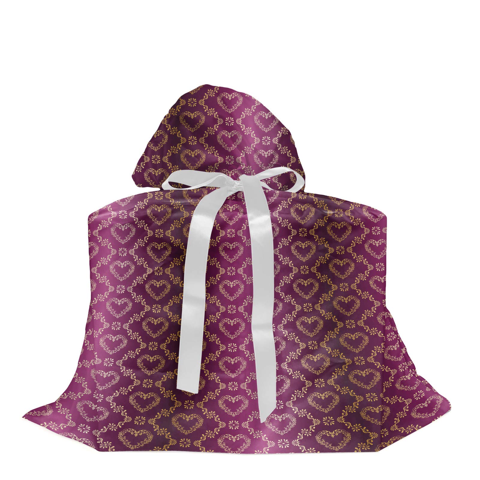 Ambesonne Yellow Damask Gift Bag | Eastern Floral Motif with Zigzag & Heart Shapes | Fabric Party Favor Pouch with 3 Ribbons | 27
