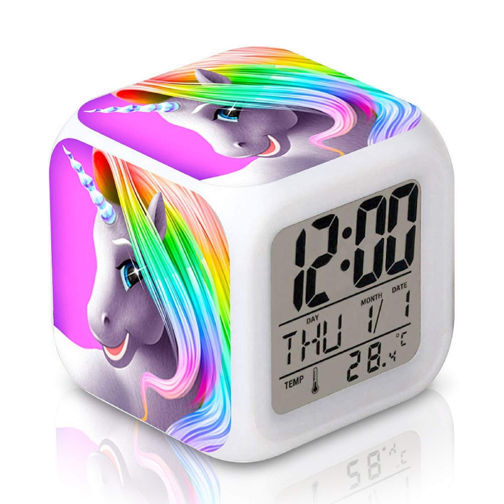 DTMNEP Unicorn Alarm Clock for Kids - LED Digital Bedroom Clock with Easy Setting, 4-Sided Unicorn Design, Soft Night Light, Large Display & Gradual Wake-Up Sound | Perfect for Girls' Rooms, Bedside Tables & Gentle Morning Wake-Ups