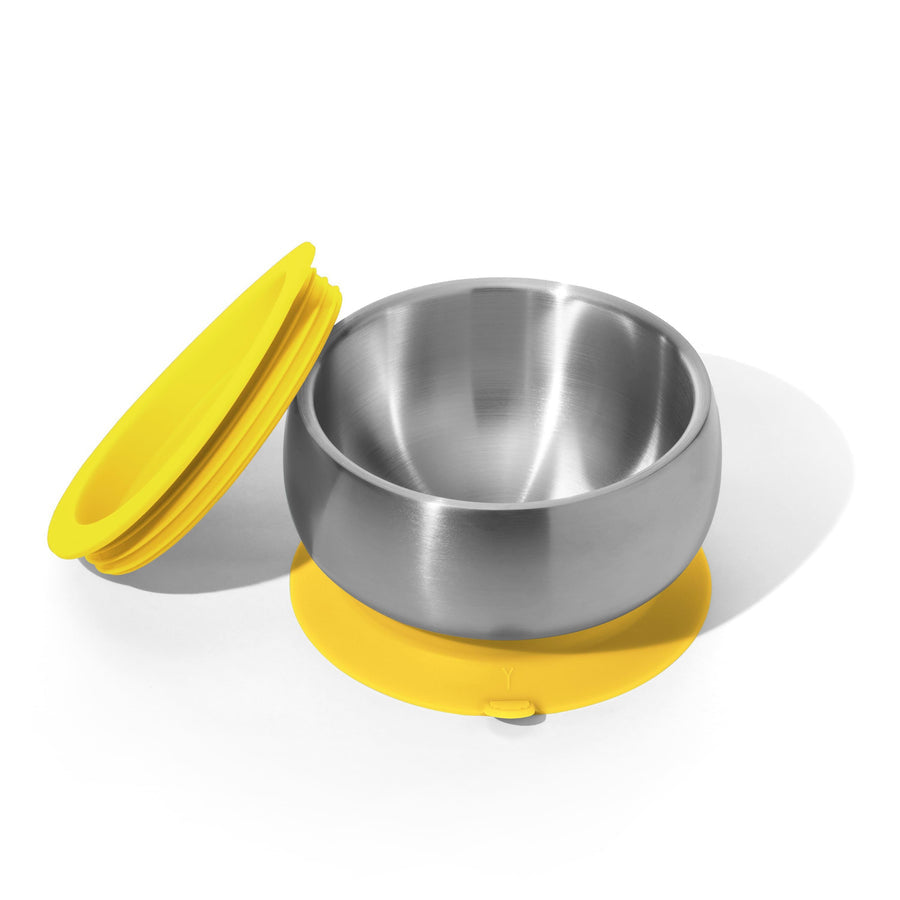 Avanchy Stainless Steel Baby Bowl with Suction Lid - BPA-Free, Non-Slip Feeding Bowl for Toddlers - Perfect for Home, Travel & Daycare Use - Yellow