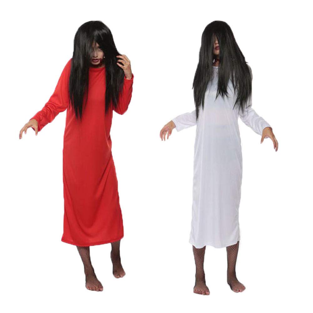 Scary Sadako Halloween Costume with White Gown & Wig - Japanese Ghost Horror Cosplay Outfit for Women - Perfect for Halloween Parties, Cosplay Events & Horror Theme Nights
