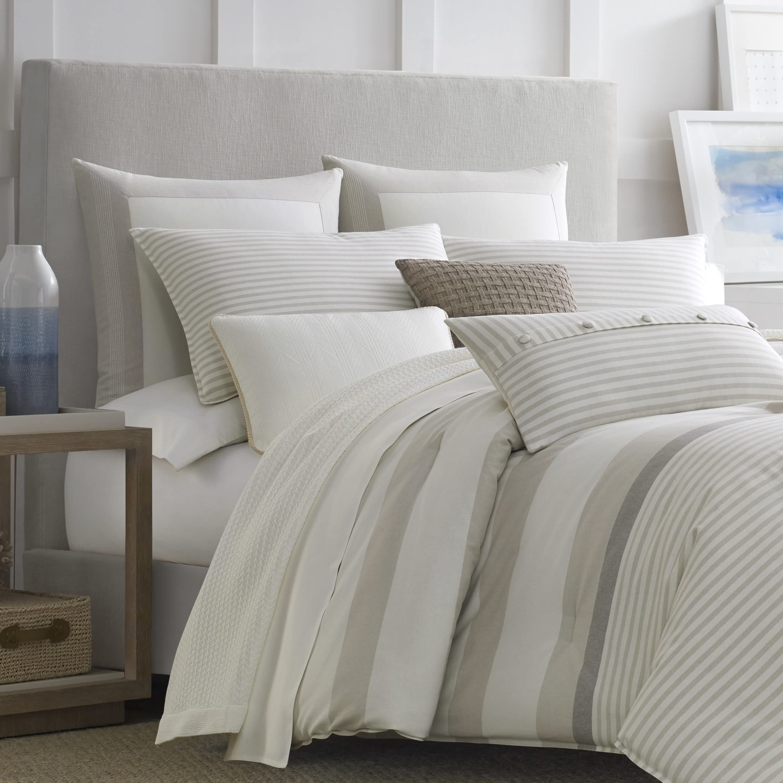 Nautica Queen Comforter Set - 100% Cotton Reversible Bedding with Matching Shams | All-Season Luxury Bedding for Master Bedroom & Guest Room (Saybrook Beige, Queen Size)