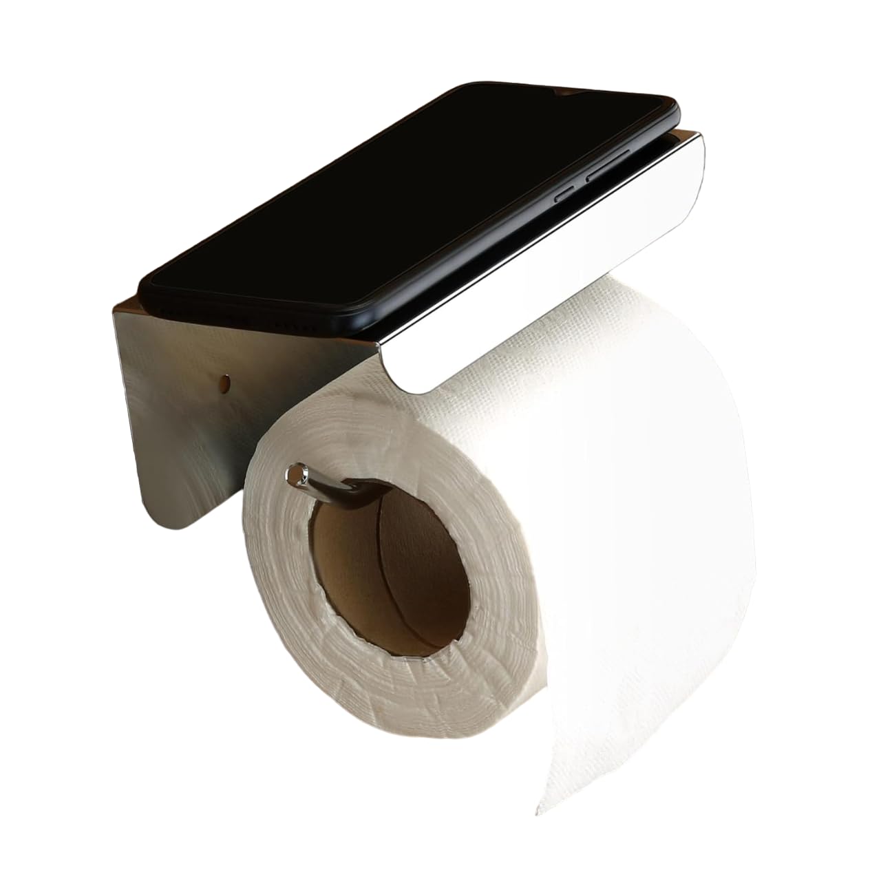SmartSlide Stainless Steel Toilet Paper Holder with Phone Stand - Wall Mounted Bathroom Tissue Roll Holder with Shelf - Nickel Chrome Bathroom Accessories for Modern Homes (Perfect for Small Bathrooms & Powder Rooms)
