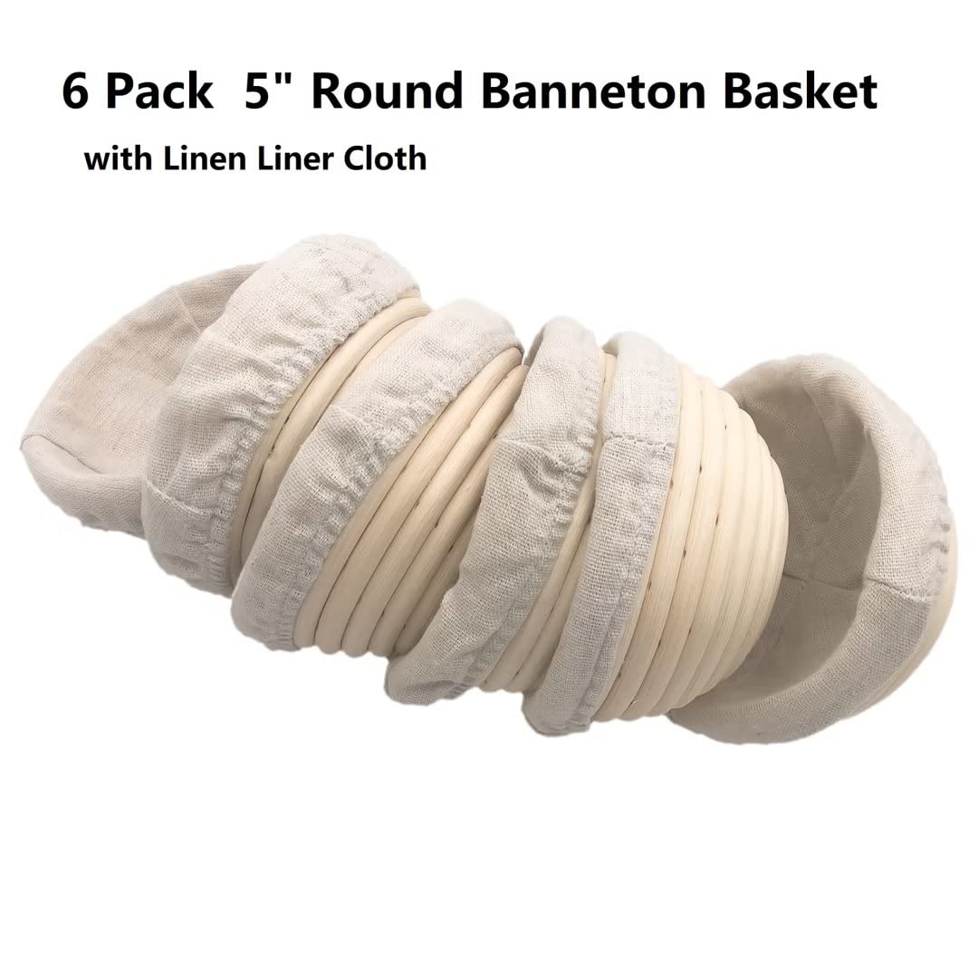 5 Inch Round Banneton Proofing Basket with Removable Liner - 6 Pack for Sourdough, Artisan Bread Baking | Perfect for Home Bakers & Professional Kitchens | Ideal for Bread Shaping, Dough Rising & Fermentation