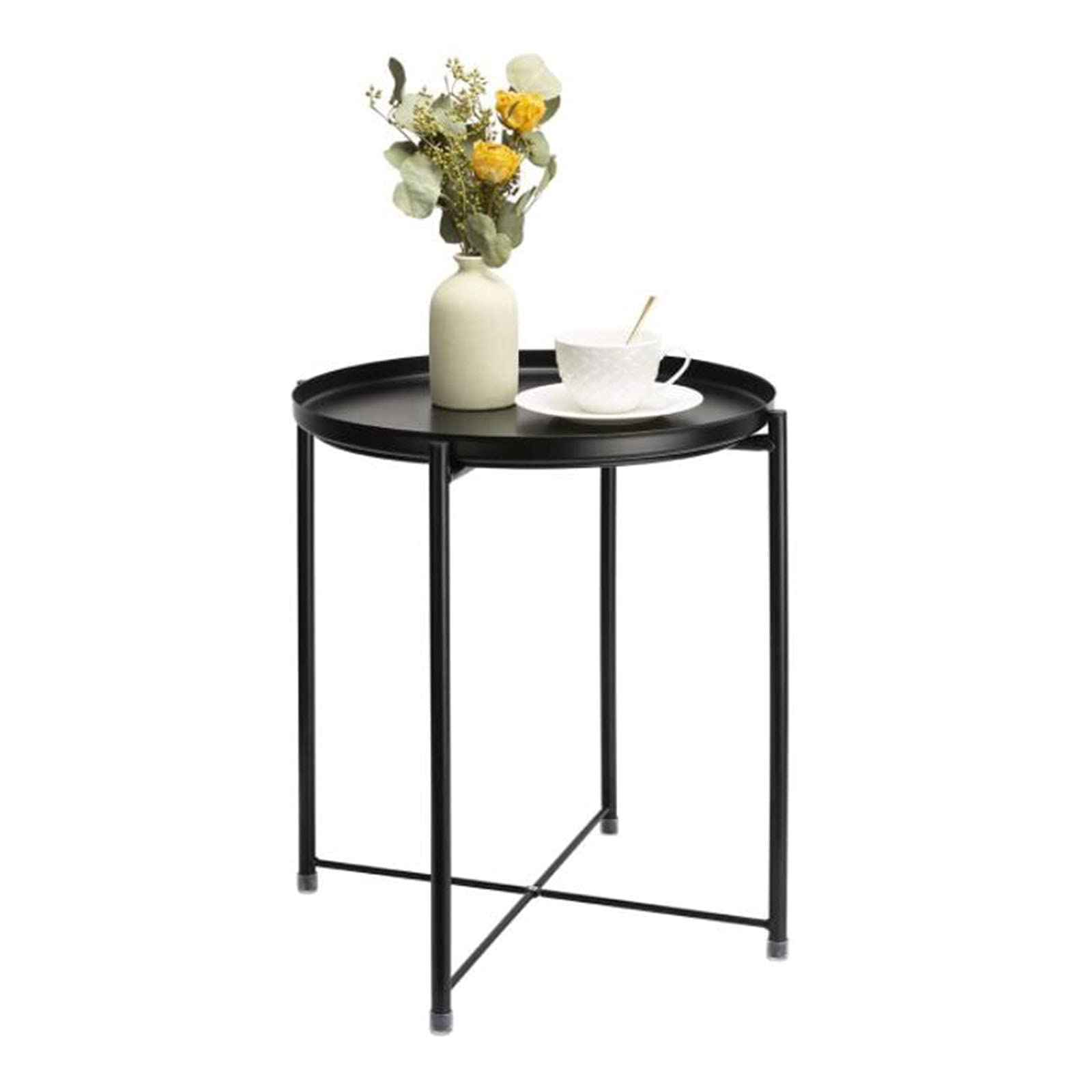 Foldable Metal Side Table with Removable Tray - Waterproof Small Coffee Table, End Table for Living Room, Bedroom, Office & Balcony - Compact Size 16.38x16.38x20.28 Inches (Black) - Perfect for Small Spaces, TV Snacks, Reading Nook & Guest Seating