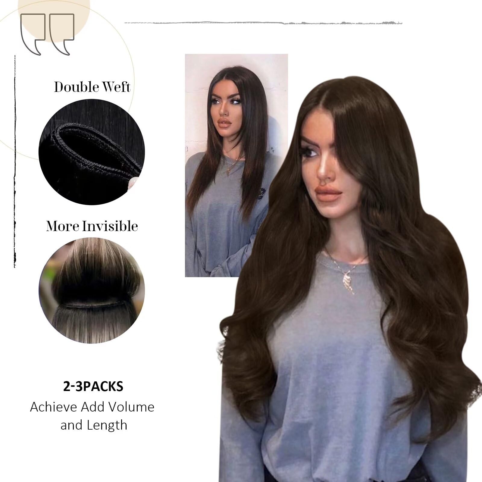 Vivien Real Human Hair Extensions 18 Inch Dark Brown Straight Sew-In Weft 100G for Women - Full Head Thick Natural Hair for Daily Styling & Special Occasions