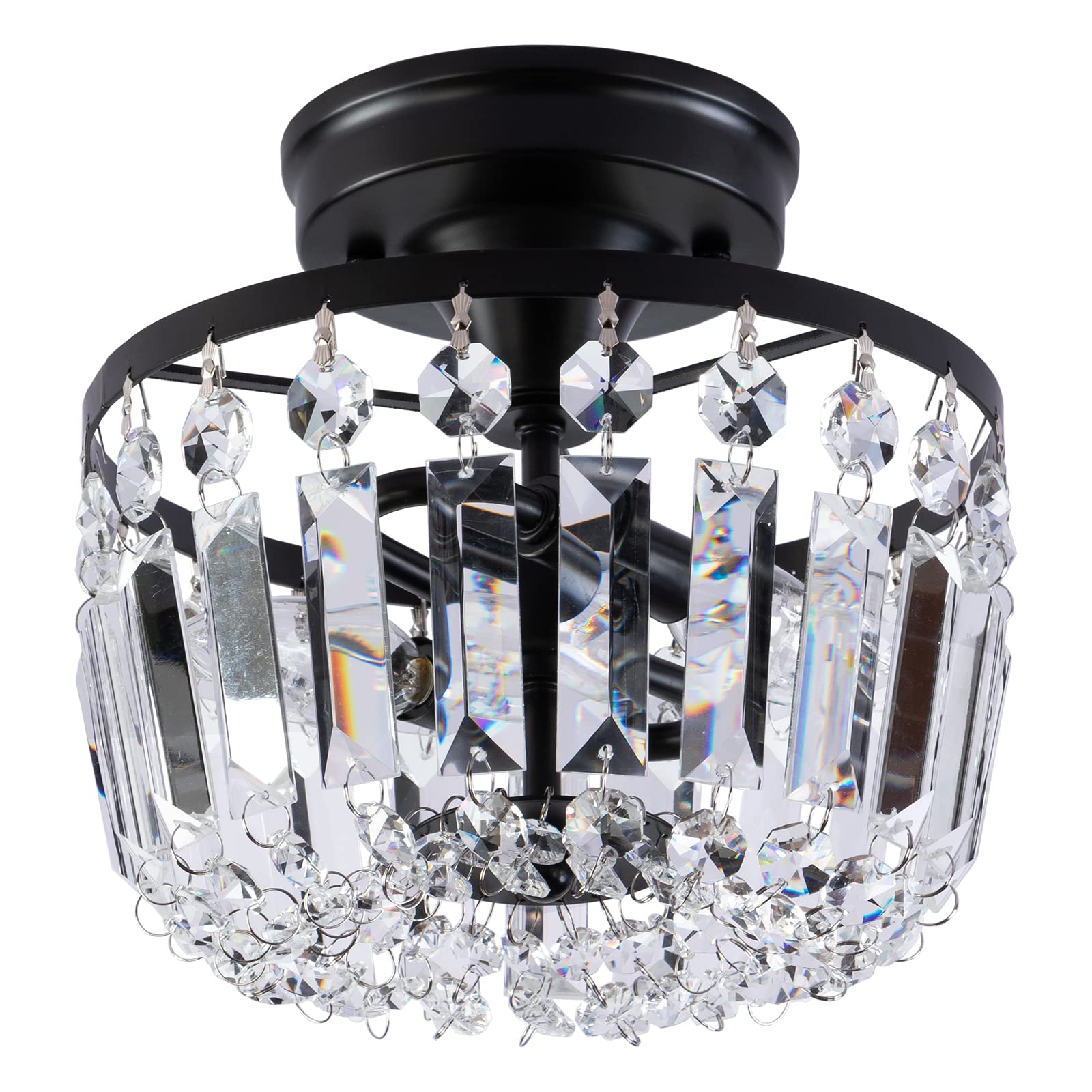 Black Mini Crystal Chandelier - Modern Flush Mount Ceiling Light for Closet, Hallway, Living Room & Bedroom - 9.2