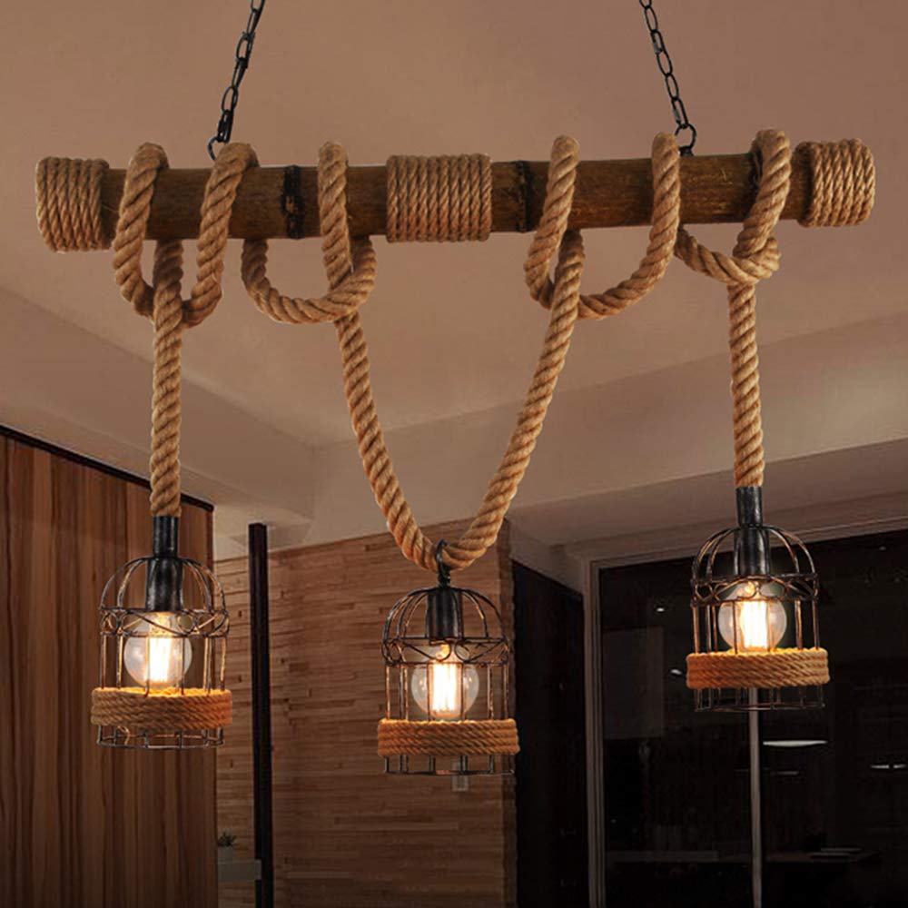 Vintage Industrial Birdcage Chandelier - 3-Light Pendant Lighting with Rope Cage Frame & Wood Accents - 39