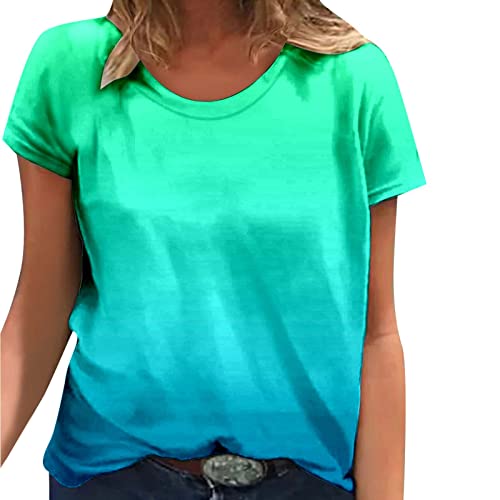 Women's Summer Casual Round Neck Gradient Print Short Sleeve T-Shirt - Black & Green Ombre Top (XL) for Beach, Travel & Everyday Wear