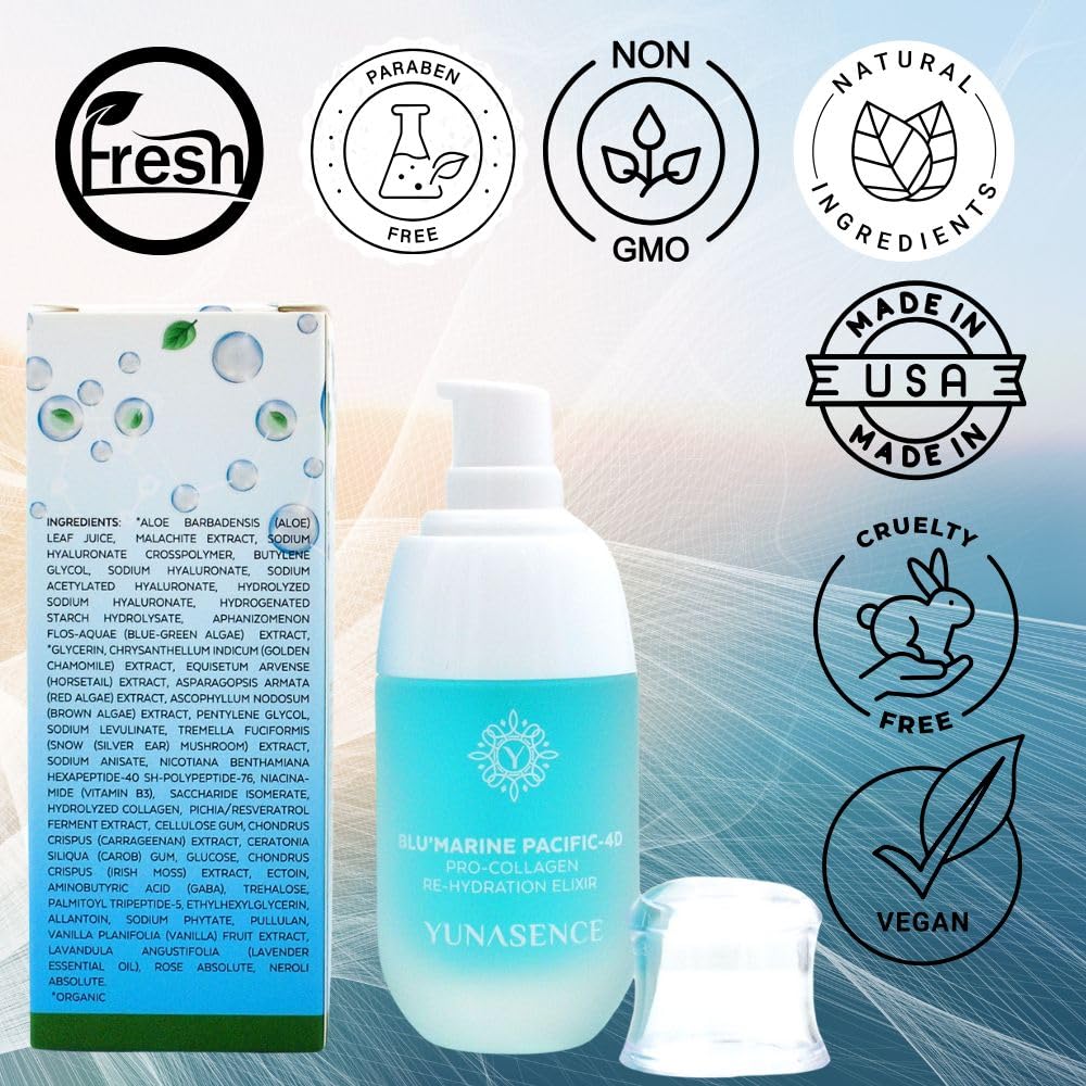BLU’MARINE Pacific 4D Pro-Collagen Hydrating Face Serum with Malachite Extract, 4D Hyaluronic Acid & GABA - 1oz Anti-Aging Moisturizer for Dry Skin - Perfect for Night Routine & Post-Travel Skincare Recovery