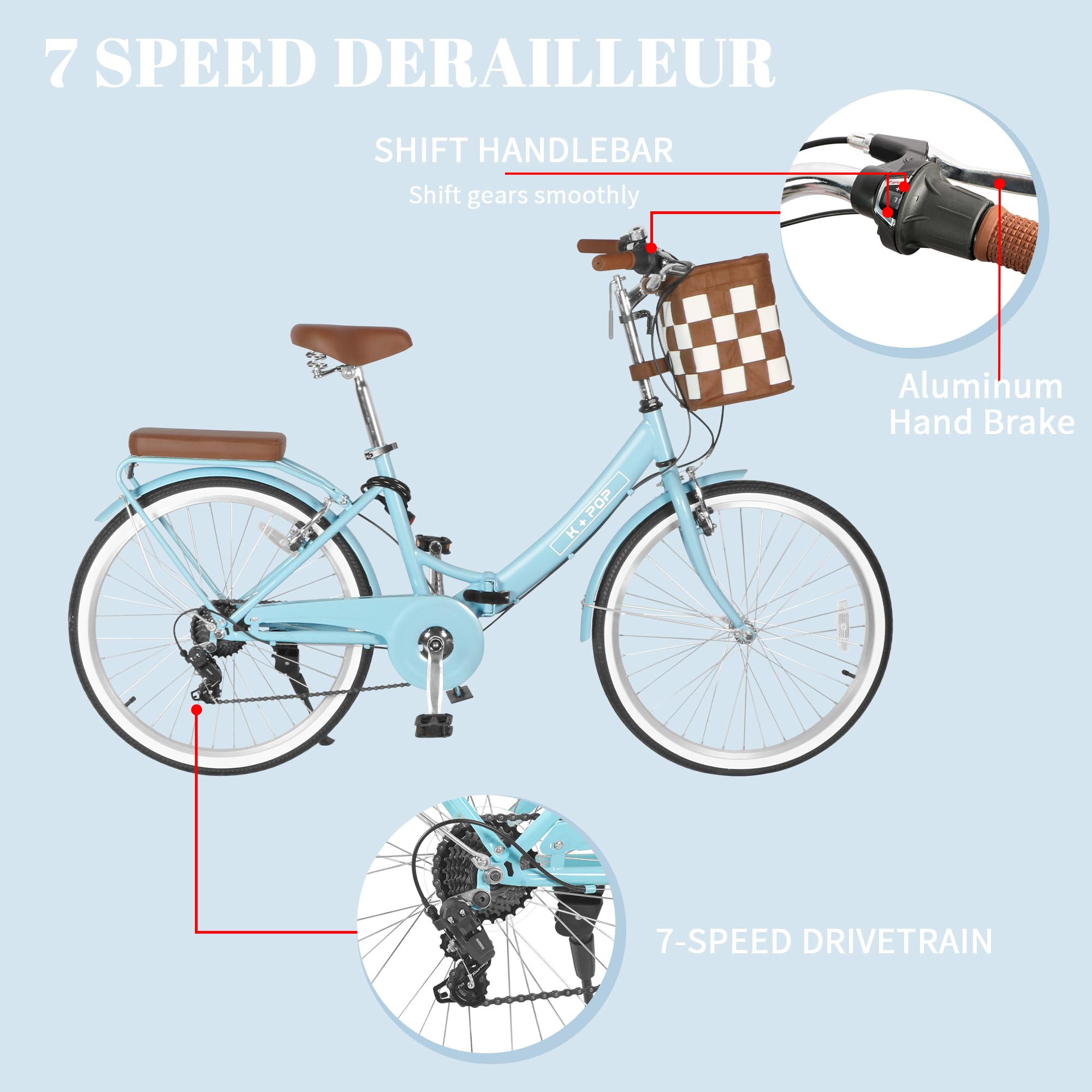 26-Inch Foldable Beach Cruiser Bike for Women - 7-Speed Commuter Bike with Front Basket, Light Blue Classic Paint & Streamlined Design - Perfect for City Commuting, Fitness Riding & Beach Vacations