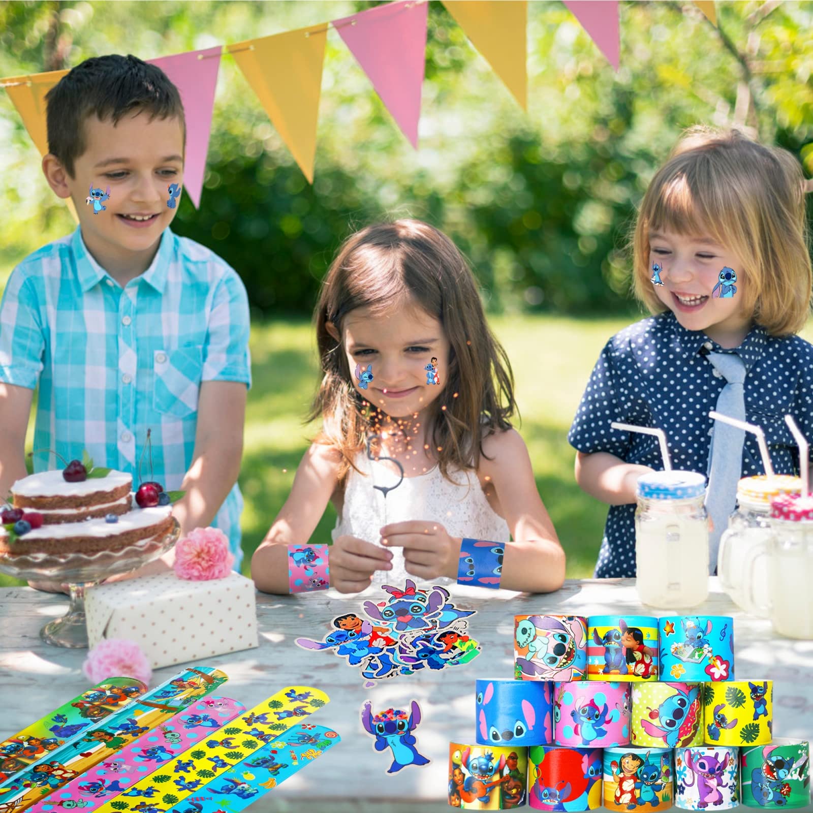 JUUFLA 86-Piece Stitch Party Favors Gift Set - 36 Slap Bracelets & 50 Stickers - Disney Stitch Themed Birthday Party Decorations & Supplies for Kids - Goodie Bag Fillers, School Rewards & Classroom Prizes (Perfect for Birthday Parties, School Events & Disney Themed Celebrations)