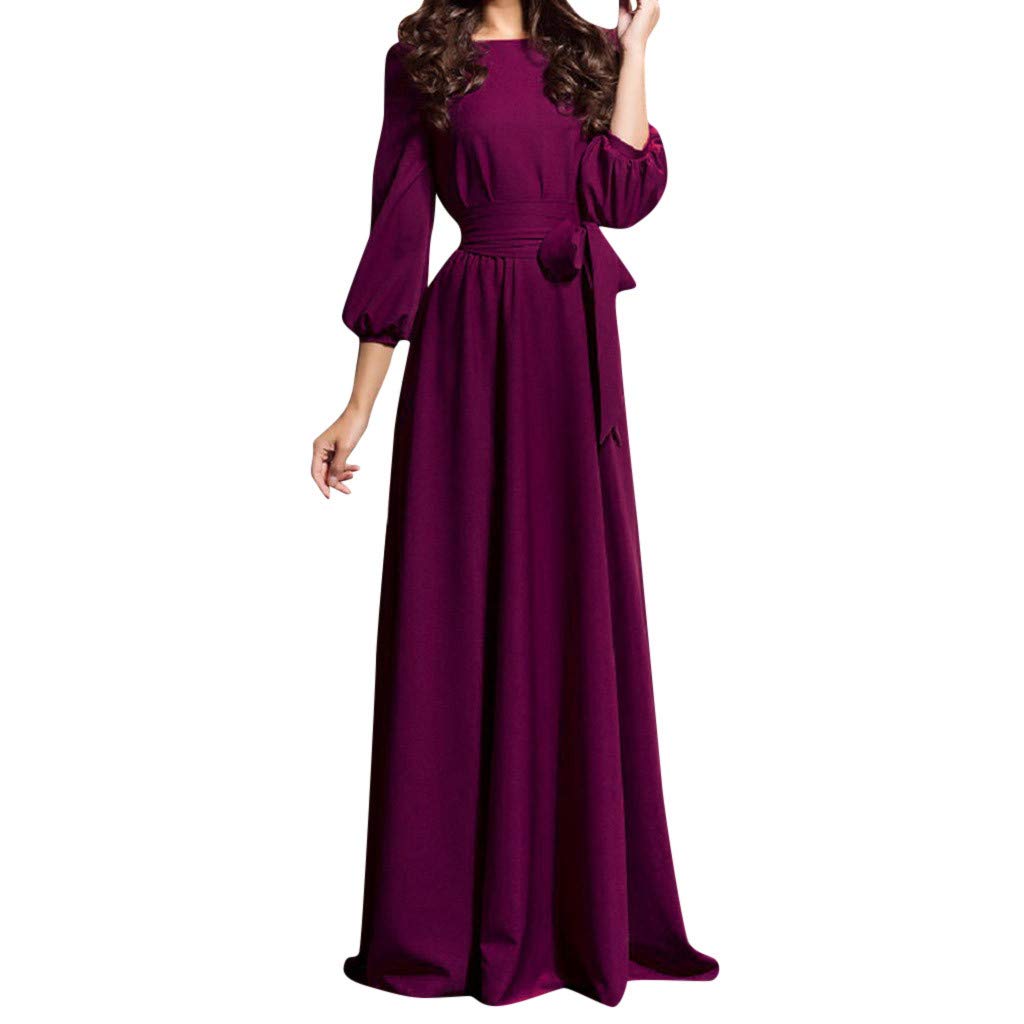 **Women's Summer Casual Long Sleeve Party Dress with Belt - Solid Color Sun Dress for Beach, Wedding & Outdoor Events**