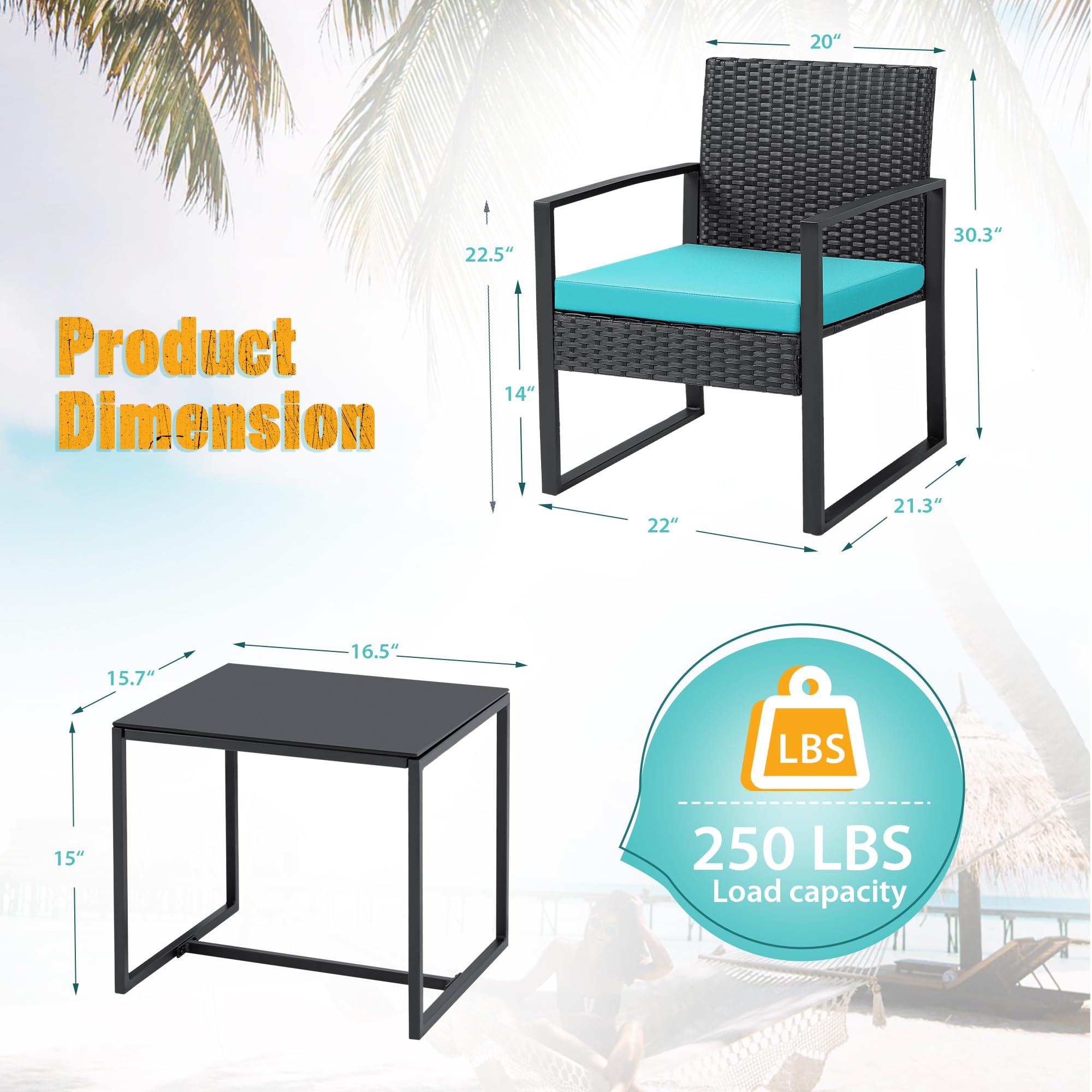 Modern Outdoor Wicker Bistro Set - Patio Furniture with Rattan Chairs & Coffee Table for Garden, Backyard, Balcony (Blue) | Perfect for Relaxing, Entertaining & Outdoor Dining