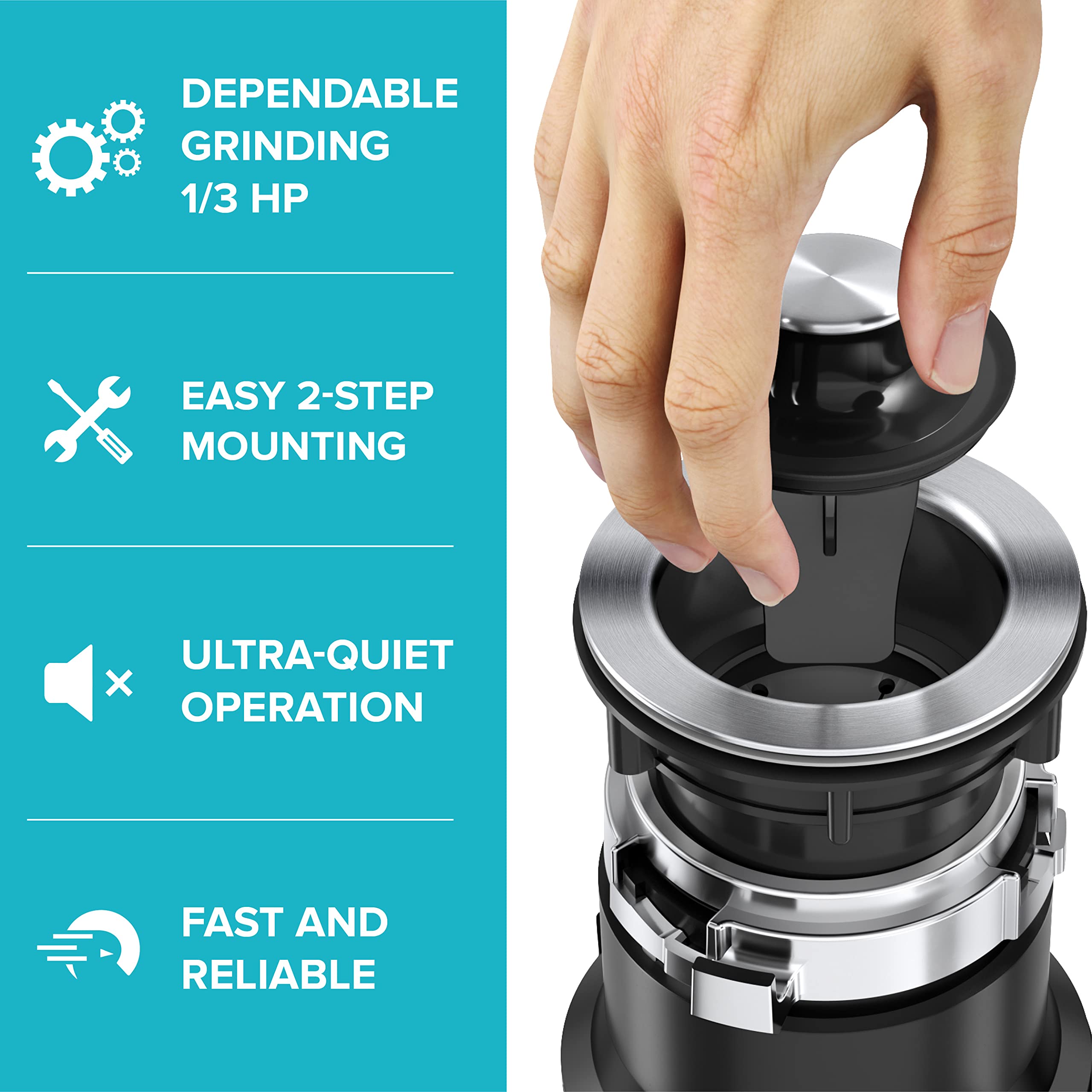 KRAUS WasteGuard 1/3 HP Continuous Feed Ultra-Quiet Garbage Disposal with Quick Connect Mount - Includes Power Cord & Flange (KWD100-33MBL) - Perfect for Kitchen Sink Waste Disposal & Food Scrap Recycling