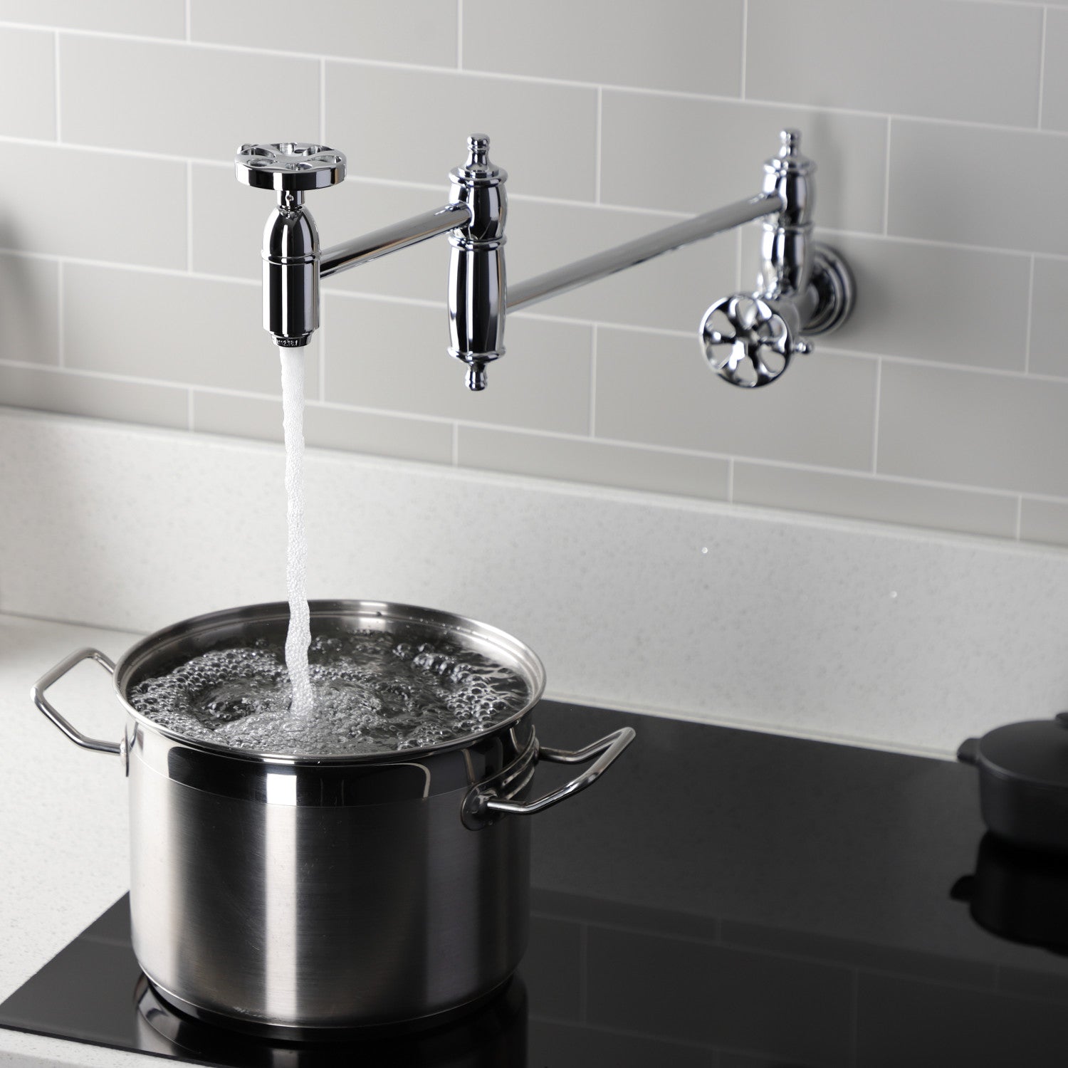 Belknap KS3101RX Two Handle Wall Mount Pot Filler Faucet - Polished Chrome Finish - Ideal for Kitchen Sink, Stove & Cooking Area