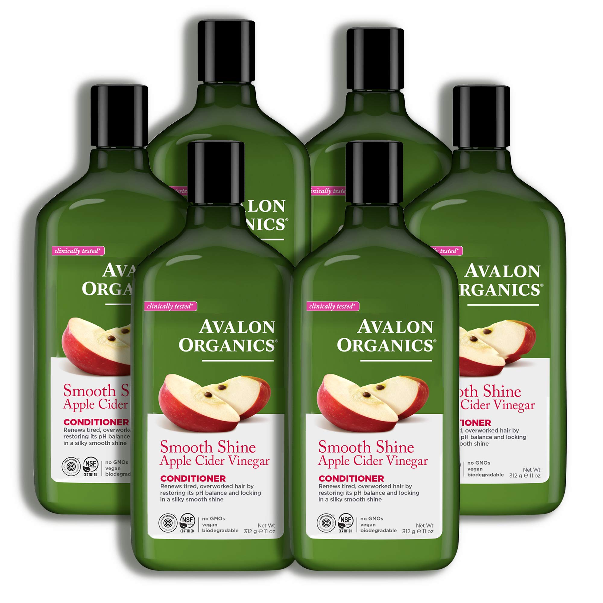 Avalon Organics Smooth Shine Apple Cider Vinegar Conditioner - 11 Oz (Pack of 6) | Sulfate Free & Vegan Hair Care for Shiny, Healthy Locks - Perfect for Daily Use & Color Treated Hair