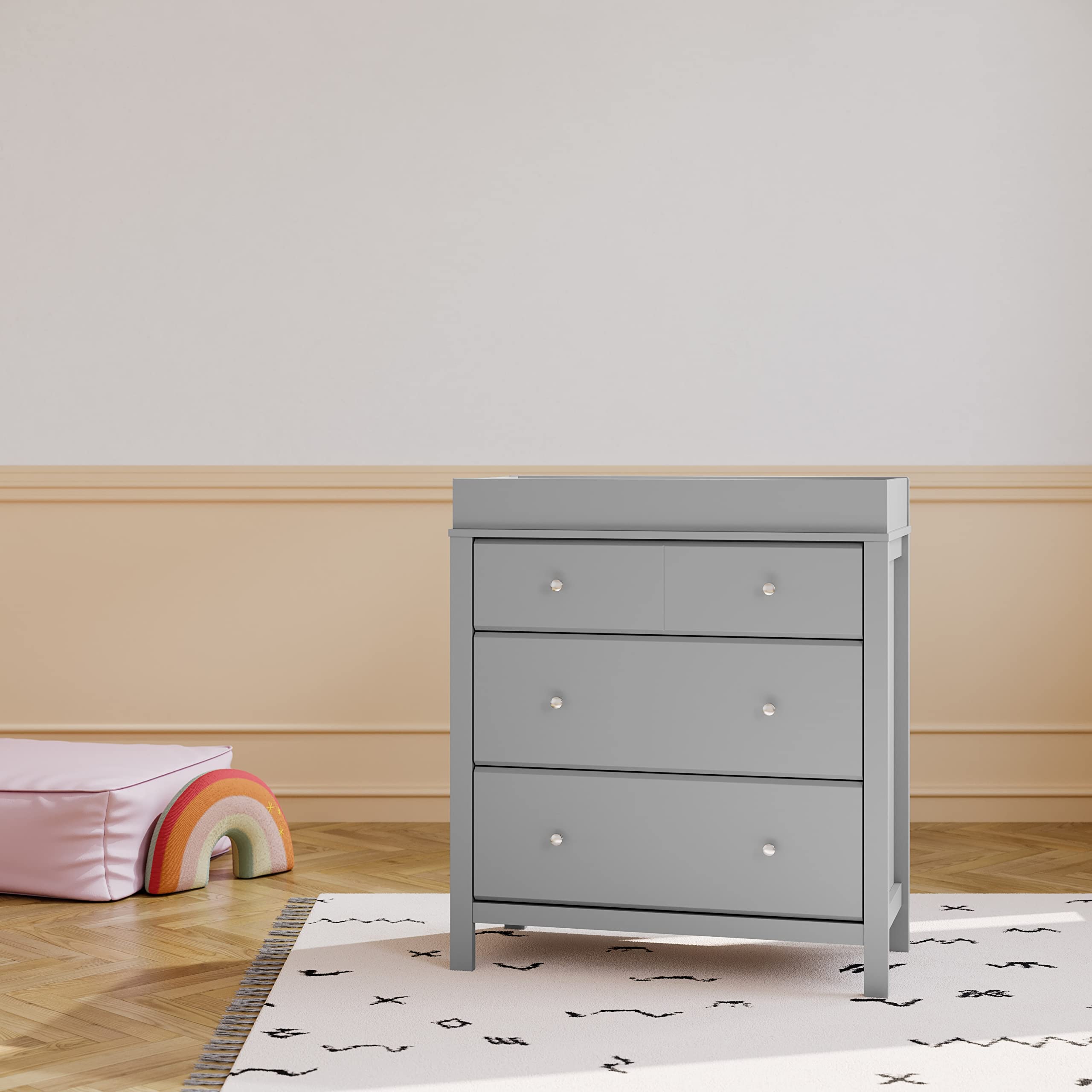 Storkcraft Horizon 3-Drawer Nursery Dresser with Changing Table Topper - Pebble Gray | GREENGUARD Gold Certified Baby Furniture | Removable Changing Pad for Nursery & Kids Bedroom | Perfect for Diaper Changes & Baby Clothes Storage