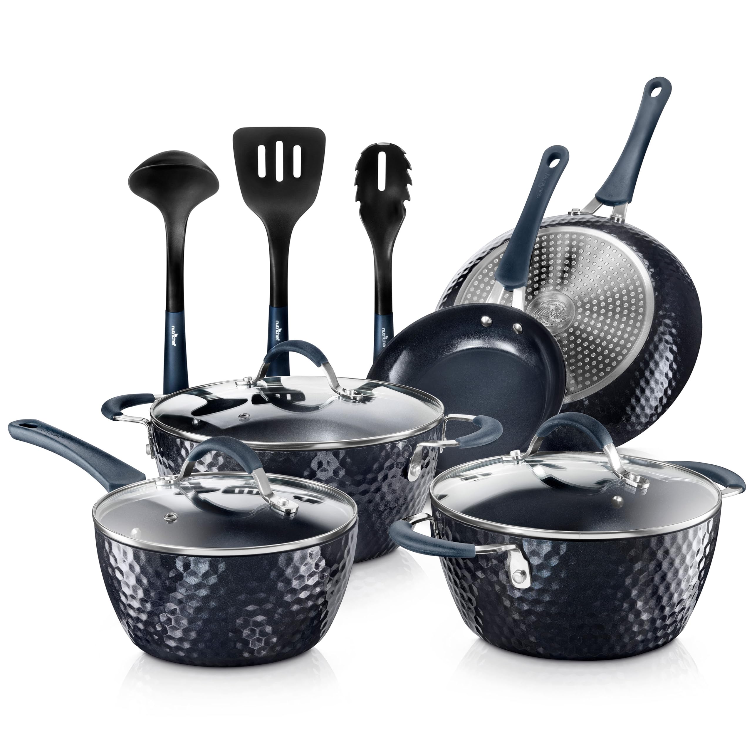 NutriChef 11-Piece Blue Diamond Nonstick Ceramic Cookware Set - Durable Pots & Pans with Cool-Touch Handles, Glass Lids & Kitchen Utensils for Healthy Cooking | Perfect for Frying, Boiling, Sautéing & Everyday Meal Prep