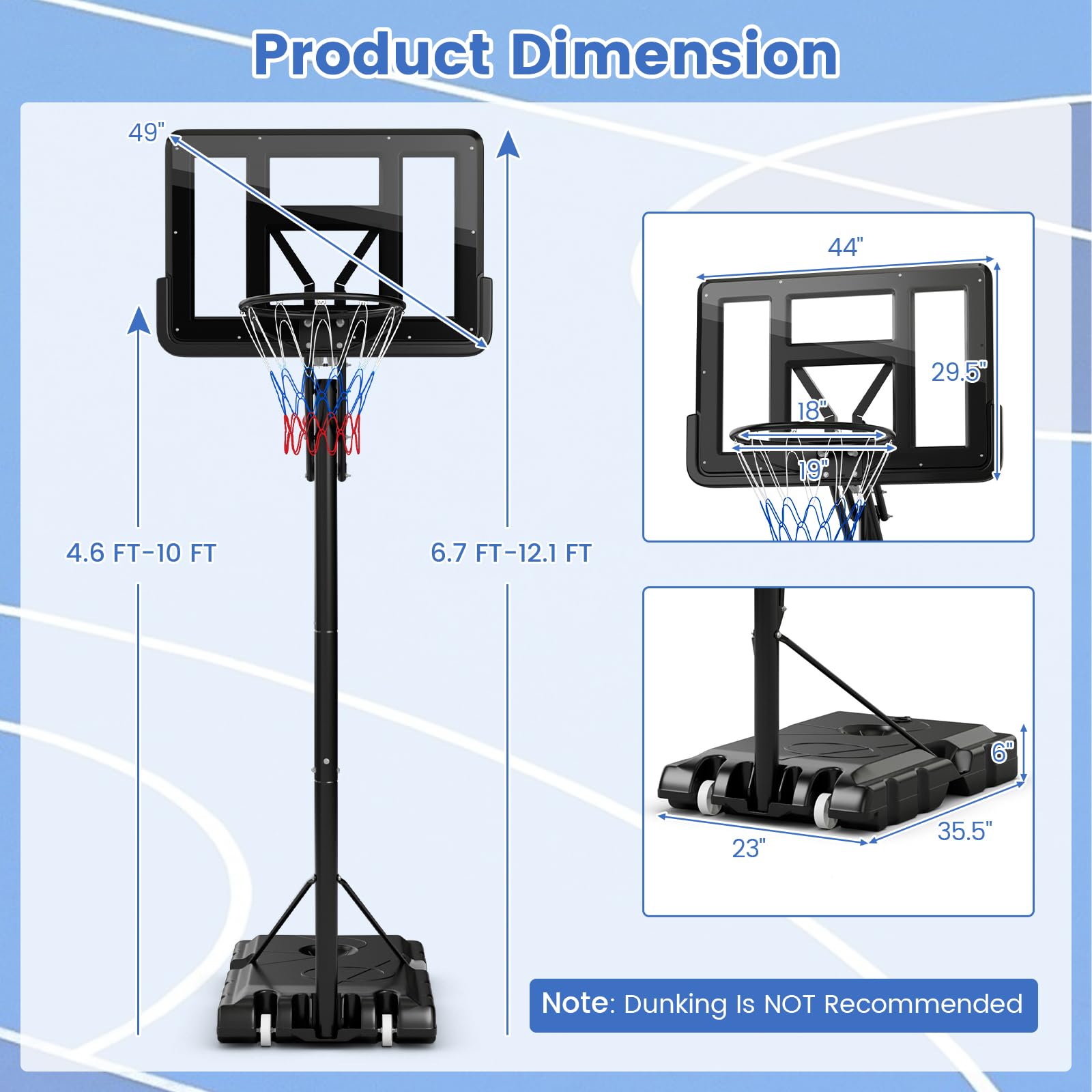 GYMAX 4.6-10Ft Adjustable Basketball Hoop with Shatterproof Backboard - Outdoor Sports for Kids & Adults