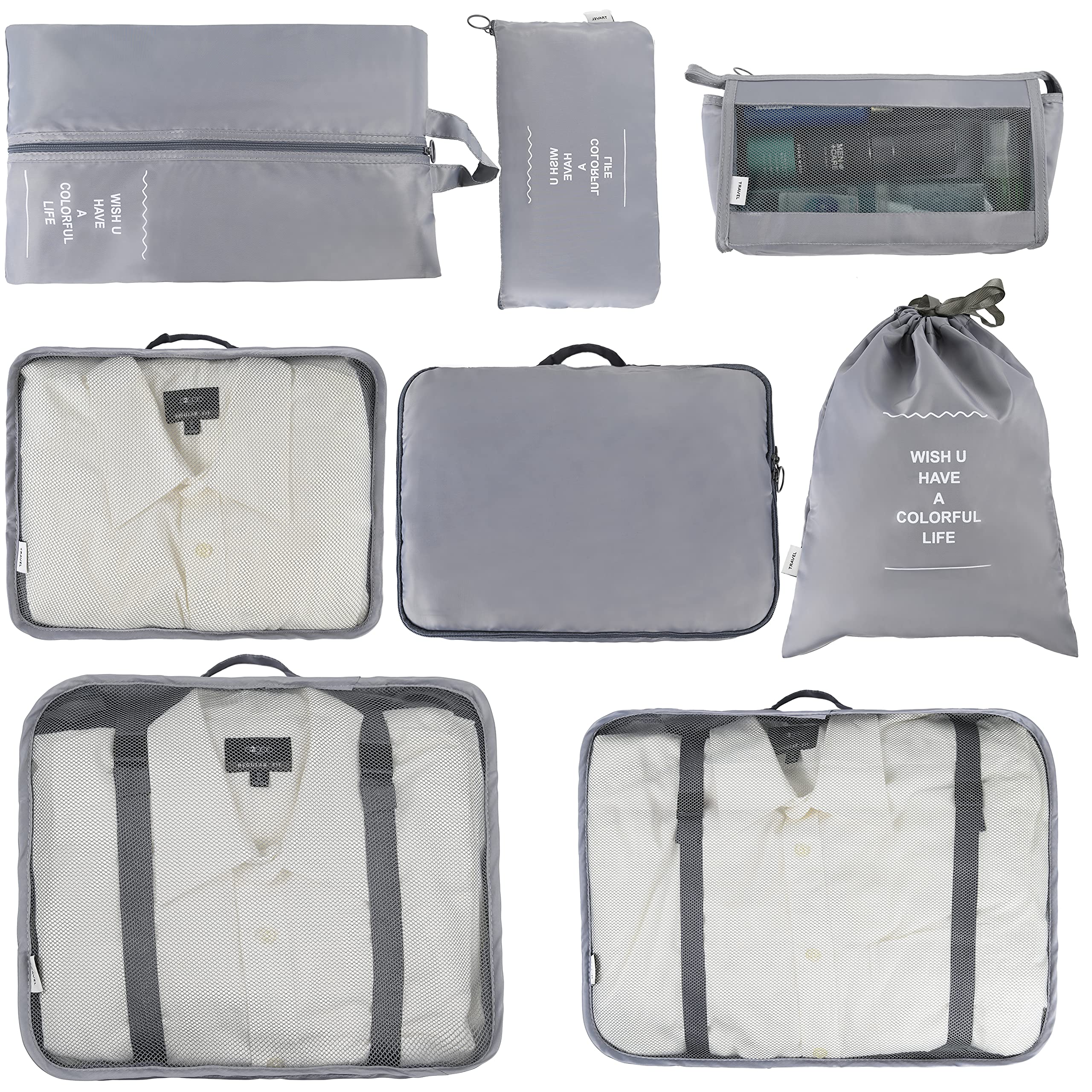 8-Piece Travel Packing Cubes Set – Lightweight Luggage Organizers with Laundry Bag & Shoe Bag (Gray) | Perfect for Business Trips, Vacations & Backpacking