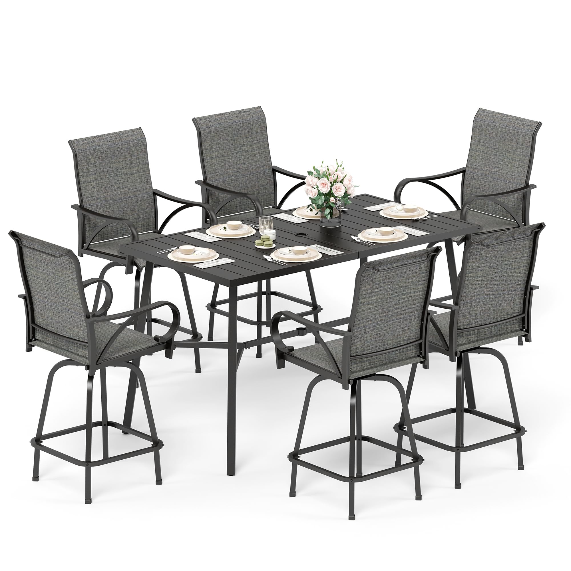 Sophia & William 6-Piece Outdoor Bar Set with Swivel Bar Chairs & Rectangular Table - Patio Furniture for Backyard, Deck, Poolside (Grey Chairs, Black Table) | Perfect for Entertaining, BBQs & Outdoor Dining