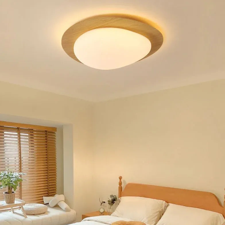 Minimalist Round Ceiling Light with Wooden Frame - Modern Scandinavian Style Lighting Fixture for Living Room, Bedroom, and Dining Room