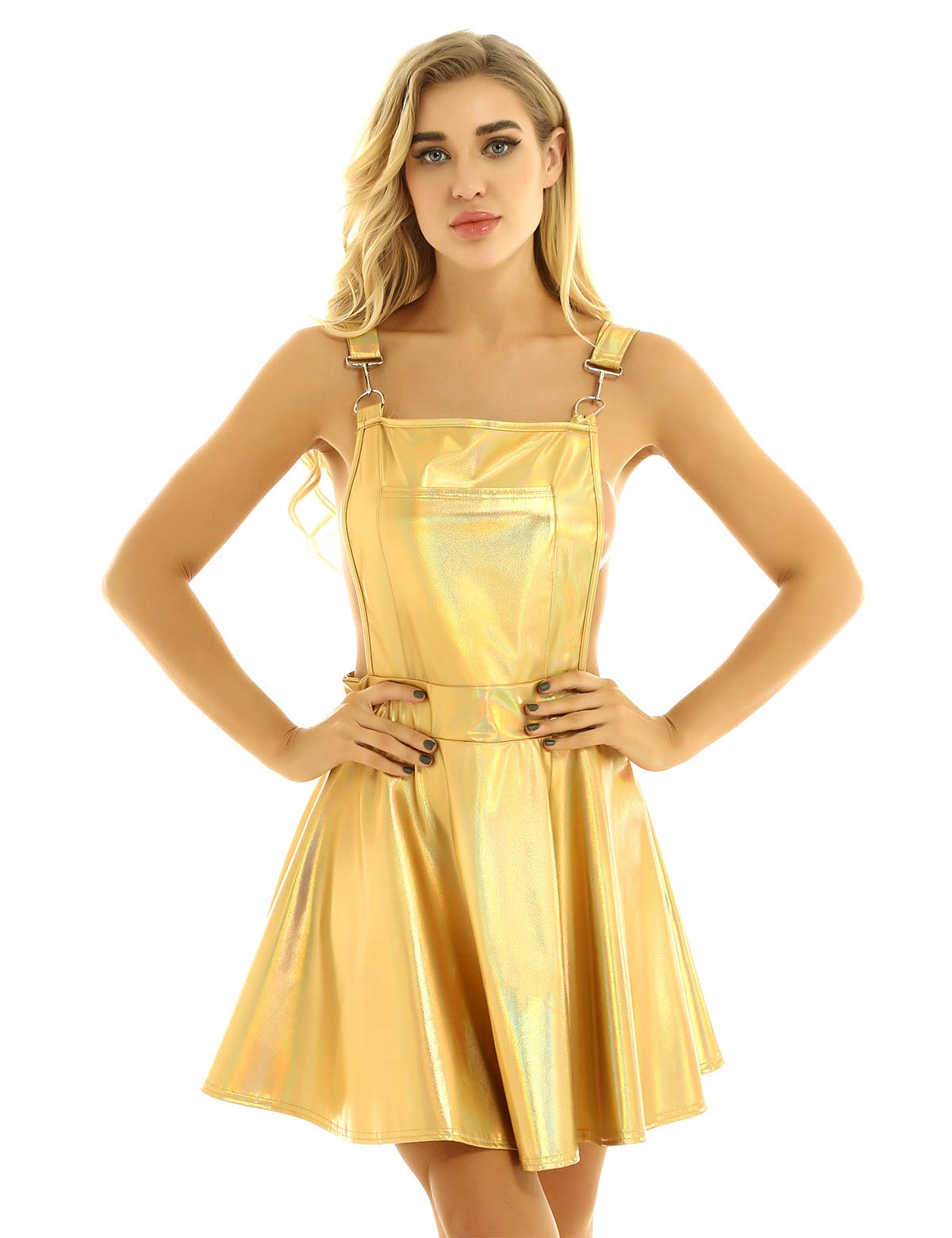 Women's Metallic Holographic Pleated Bib Overall Pinafore Dress - Stylish Mini Suspender Skirt with Braces for Casual Outings, Parties & Fashion Streetwear