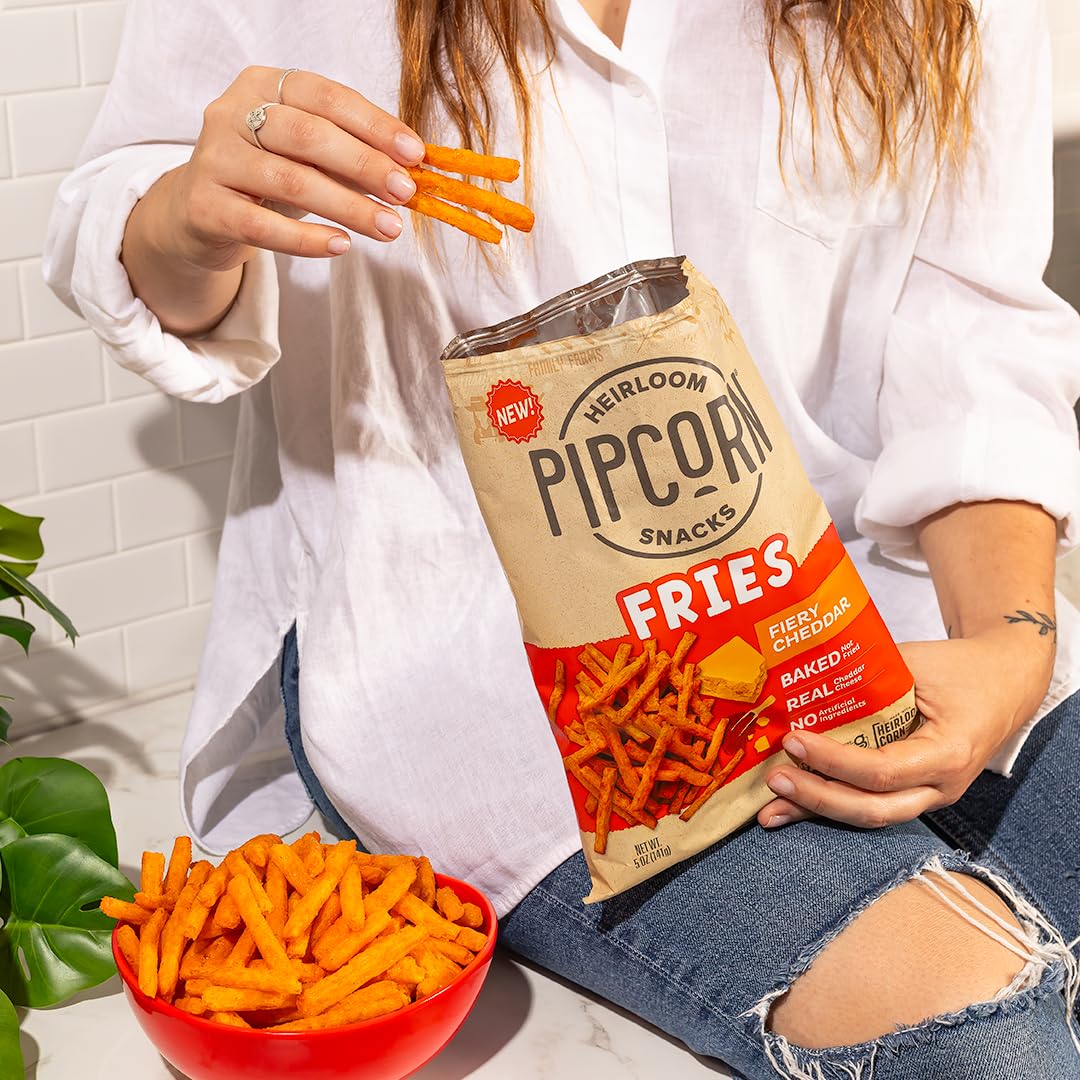 Pipcorn Heirloom Baked Fiery Cheddar Fries - 5oz 6 Pack - Gluten Free, Vegan, Non-GMO Healthy Snacks Made with Upcycled Heirloom Corn Flour | Perfect for Parties, Movie Nights & On-the-Go Snacking