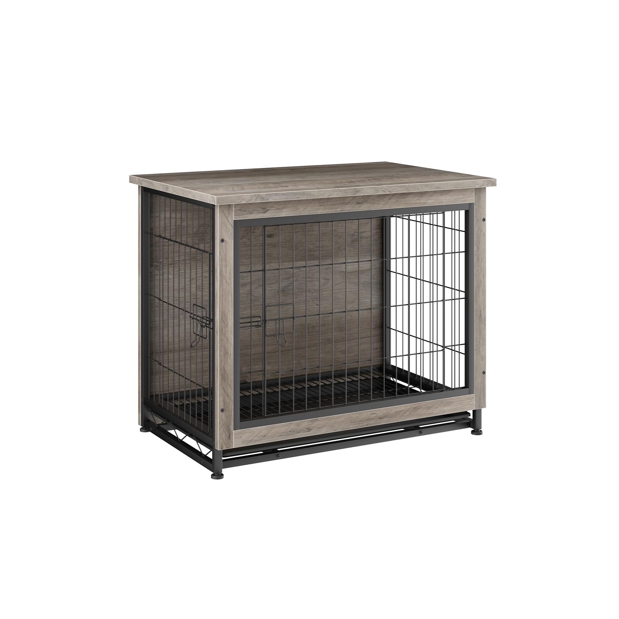 Stylish Wooden Dog Crate Furniture with Double Doors - Indoor Pet Kennel & Side Table in Grey | Perfect for Living Rooms, Bedrooms & Home Offices