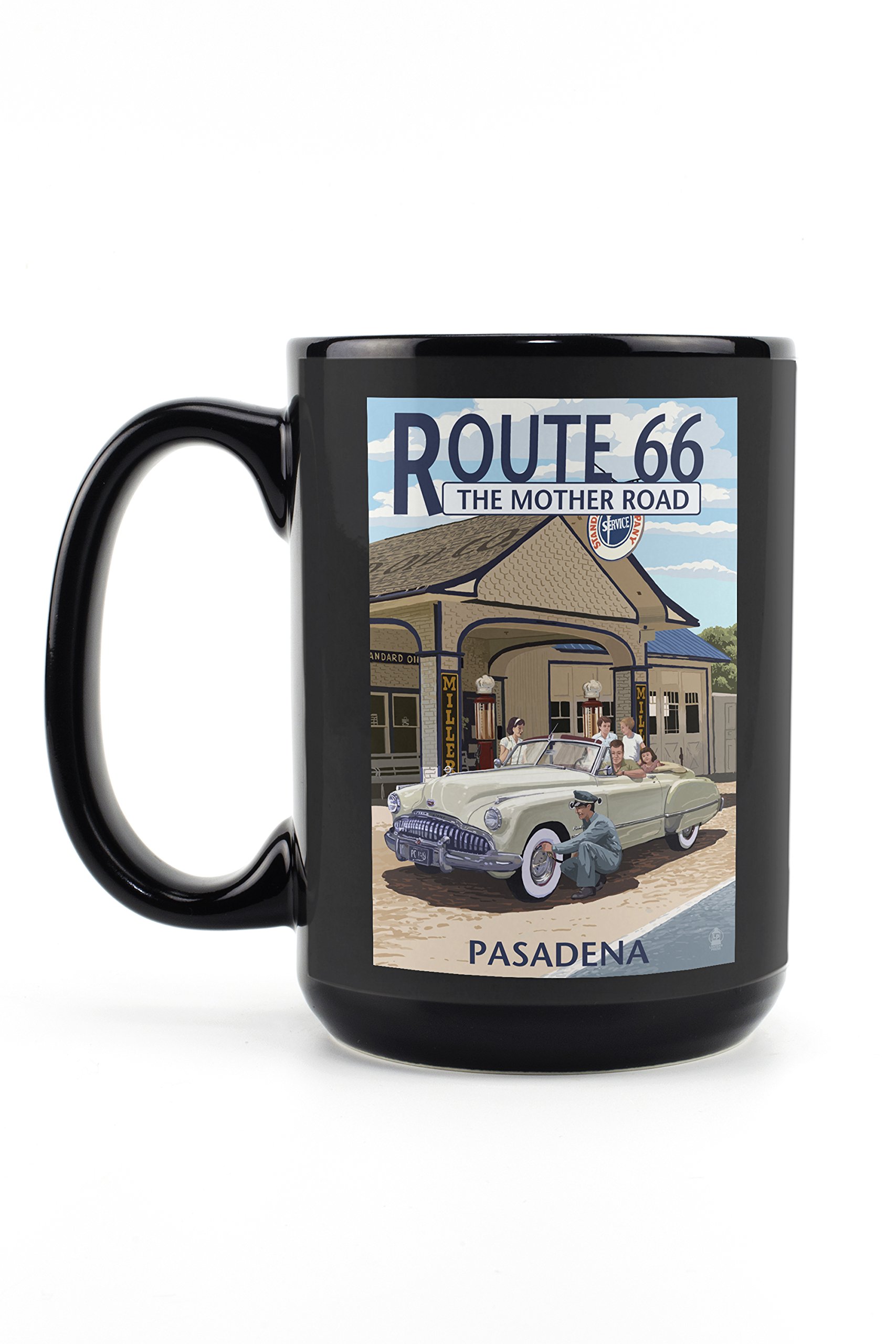 Lantern Press Pasadena California Route 66 Service Station 15oz Black Ceramic Coffee Mug - Microwave & Dishwasher Safe - Perfect for Home, Office & Travel