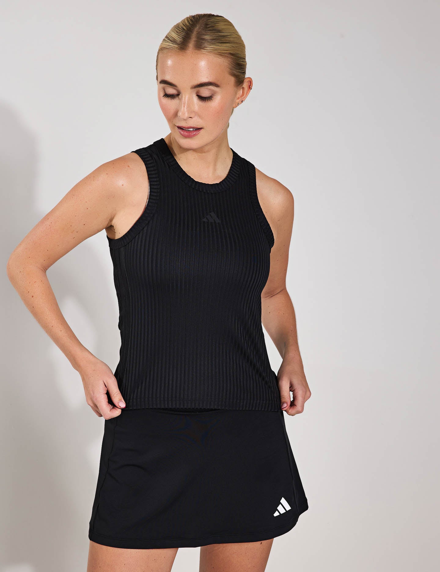 Gym Seasonal Rib Tight Fit Tonal 3 Stripes Tank Top - Black | Workout & Yoga Essential for Women & Men