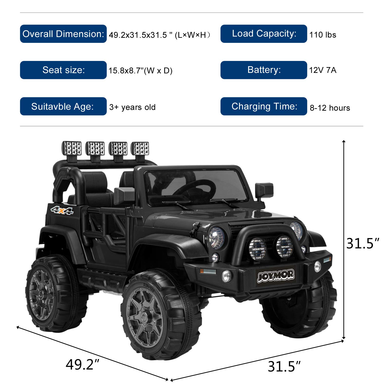 12V Electric Ride On Car for Kids - 2 Seater Remote Control Toy Vehicle with Suspension Wheels, LED Lights, Horn & Seat Belts - Perfect for Indoor & Outdoor Play (Black)