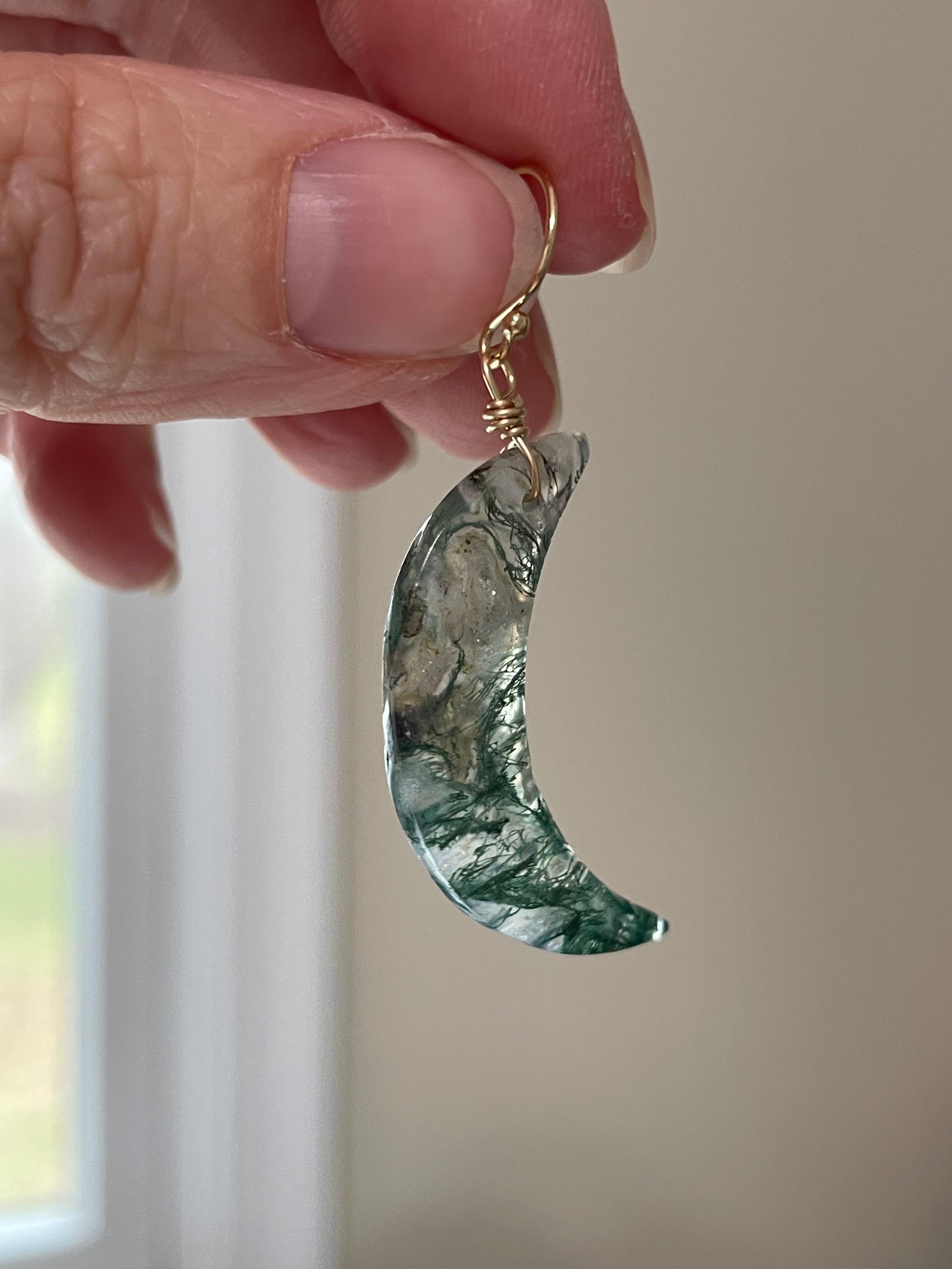 Natural Moss Agate Moon Dangle Earrings - Gold Filled Statement Jewelry for Women - Perfect for Boho, Hippie & Festival Outfits