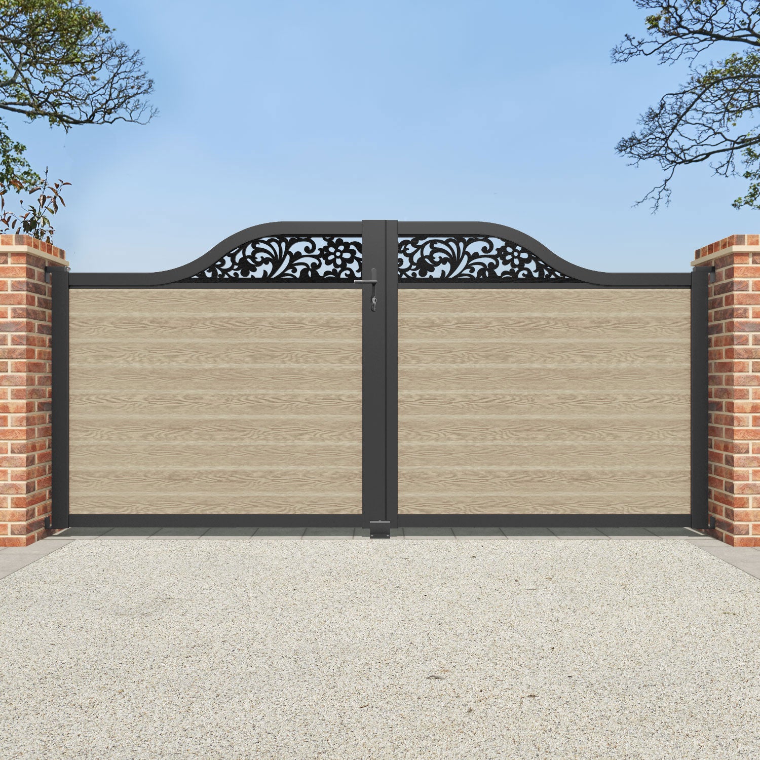 Classic Eden Curved Top Driveway Gate - Light Oak Finish with Decorative Top Screen | Elegant Entryway Solution for Homes & Estates