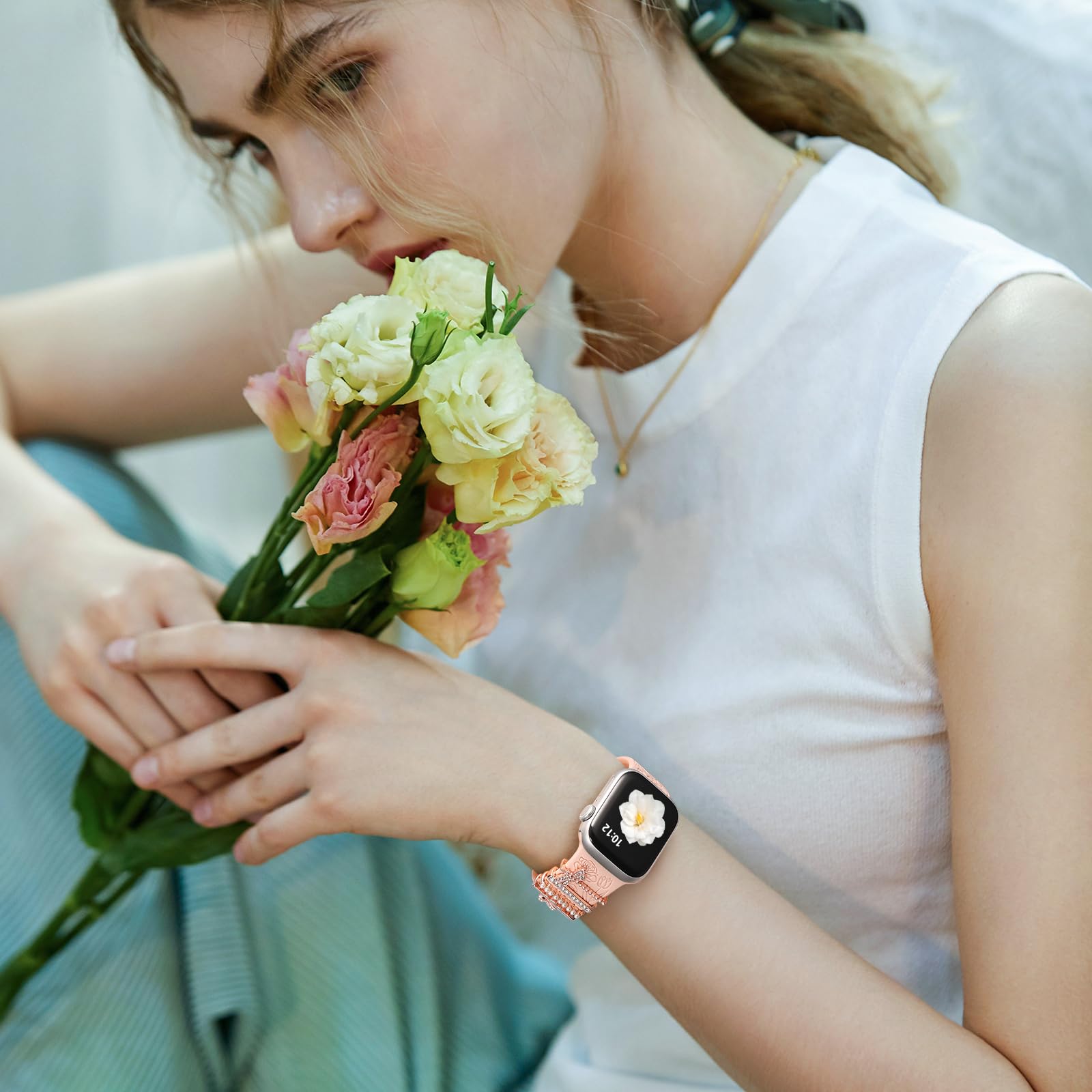 DaQin Floral Engraved Silicone Band Compatible with Apple Watch 38mm 40mm 41mm 42mm 44mm 45mm - Women's Fashion Strap with Charms for iWatch Series SE/1/2/3/4/5/6/7/8/9 - Perfect for Workouts, Office & Casual Wear