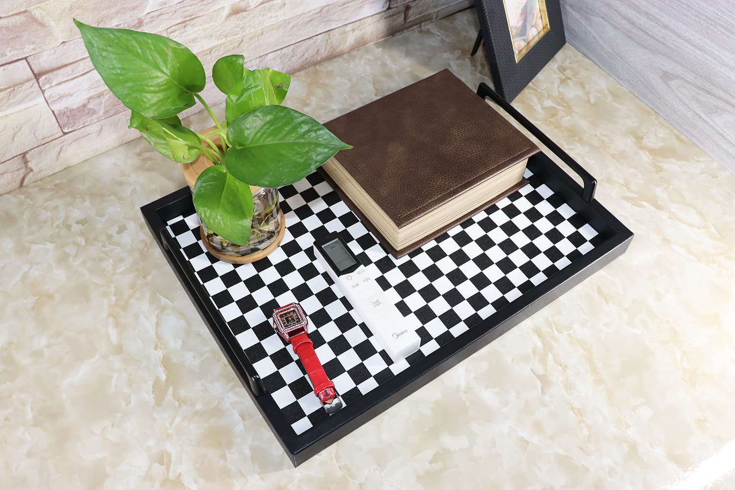 MCBZ Decorative Serving Tray - 16.5 x 12.6 Inch Leather Ottoman Tray with Metal Handles for Coffee Table, Living Room, Bedroom - Black and White Grid Pattern (Perfect for Breakfast in Bed, TV Snacks & Home Decor)