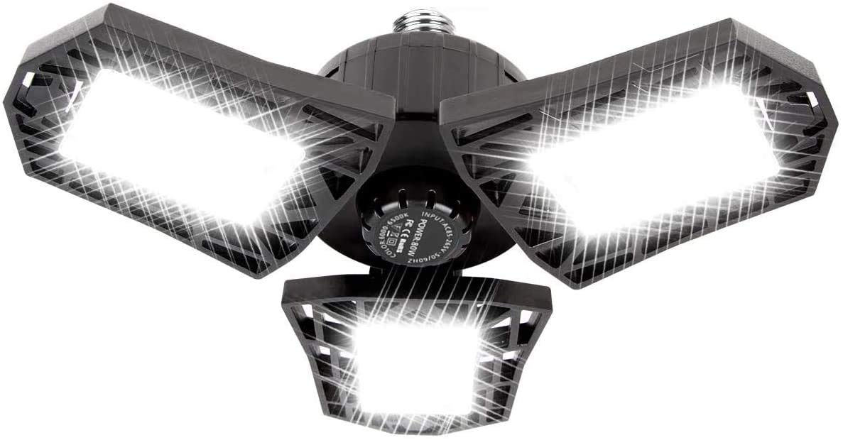 6000 Lumen 6500K Daylight LED Garage Light - 60W Deformable Three-Leaf Ceiling Light for Workshop, Warehouse & Home Garage Organization | Bright Lighting Solution for DIY Projects and Auto Repair