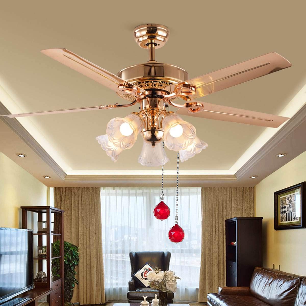 2-Pack 30mm Prism Ball Ceiling Fan Pull Chain with Decorative Light Bulb & Cord - Red | Replacement Pull Chain for Ceiling Fans | Perfect for Bedroom, Living Room & Home Decor