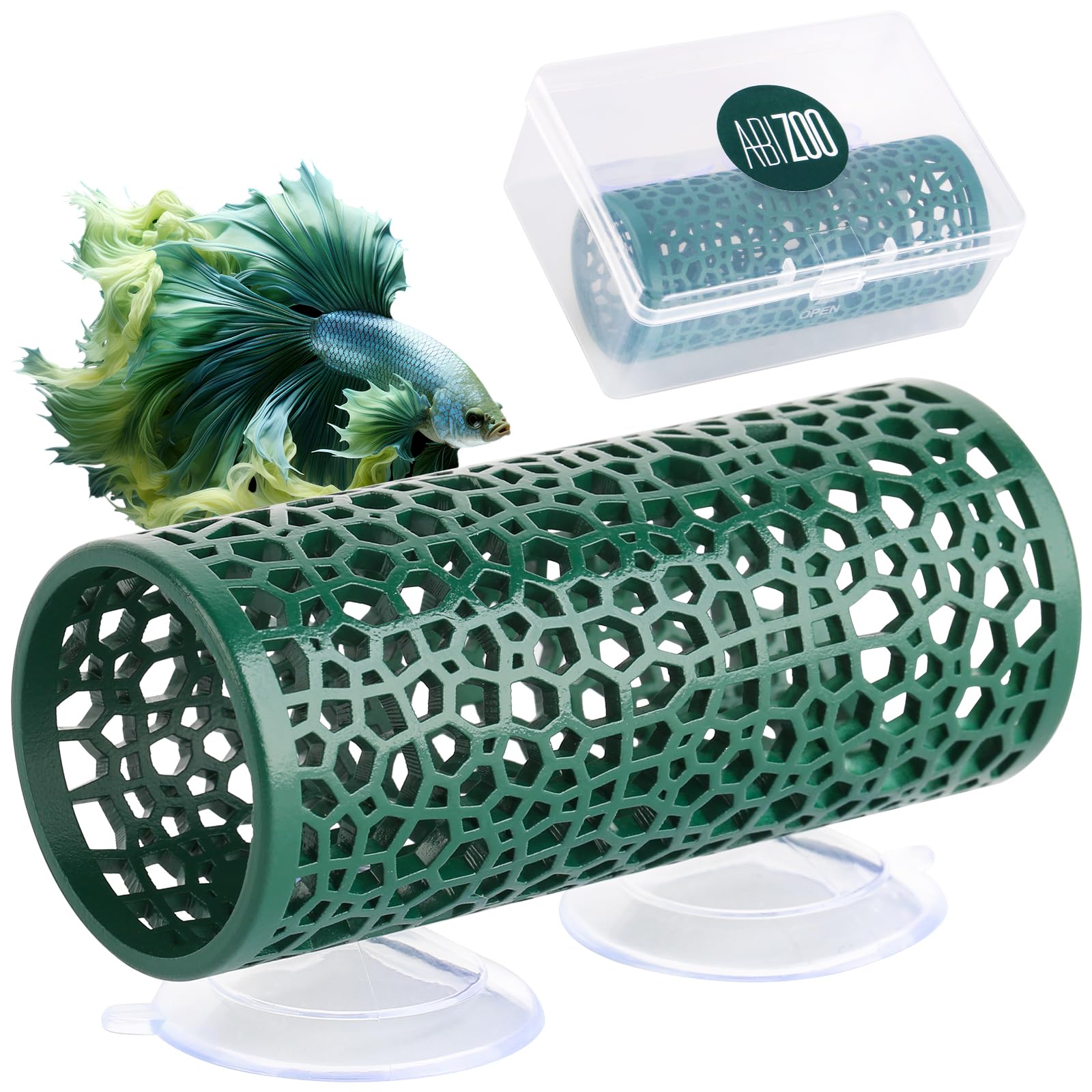 Abizoo Dark Green Hollow Betta Fish Tunnel & Reptile Hide - Safe Aquarium Decor for Fish Tanks, Terrariums - Perfect for Betta Fish Enrichment and Reptile Hiding