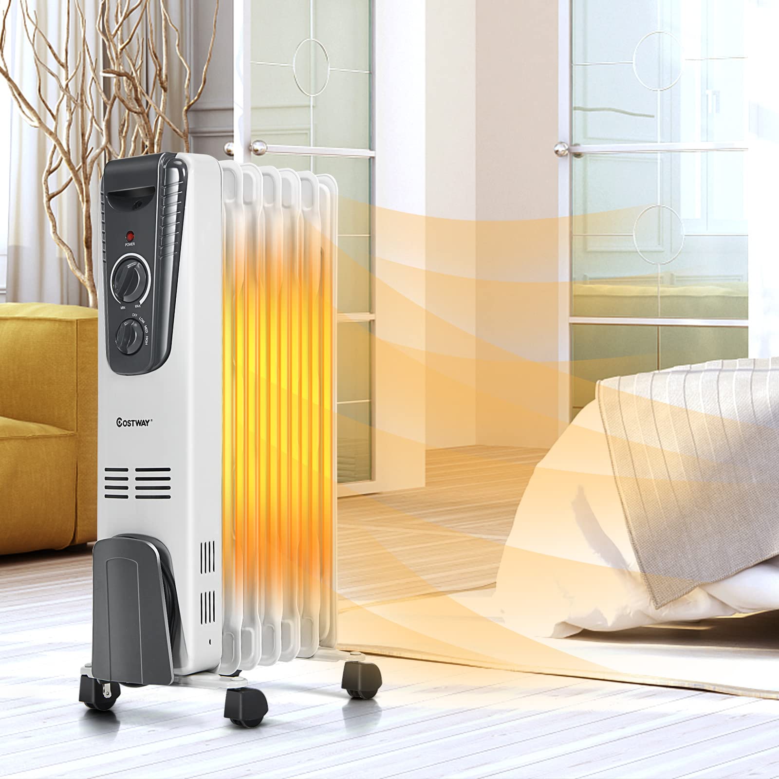COSTWAY 1500W Oil Filled Radiator Heater - Portable Electric Space Heater with Adjustable Thermostat, 3 Heat Settings, Overheat & Tip-Over Protection - Perfect for Indoor Use in Bedrooms, Offices & Living Rooms | Stay Warm & Cozy During Winter