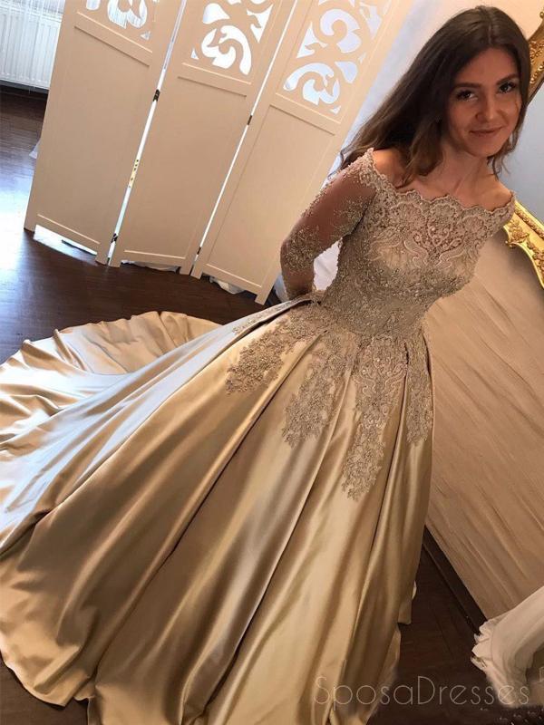 Elegant Off Shoulder Long Sleeve Gold Beaded A-Line Sparkly Evening Prom Dress for Women - Perfect for Formal Events, Homecoming, and Special Occasions