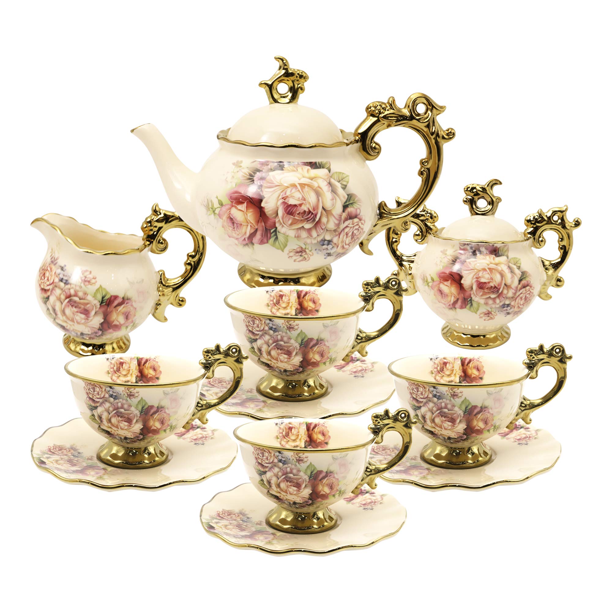 Fanquare 15-Piece British Porcelain Tea Set - Floral Vintage China Coffee Cups & Saucers - Elegant Wedding Tea Service for Adults with Large Tea Cups - Perfect for Afternoon Tea, Bridal Showers & Home Decor