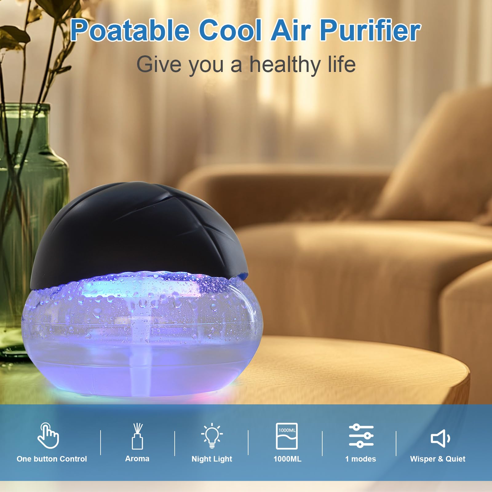 Water-Based Air Purifier & Freshener with 7-Color LED Lights - Odor Eliminator for Home, Office, Bedroom - Black | Improves Air Quality & Creates Relaxing Atmosphere