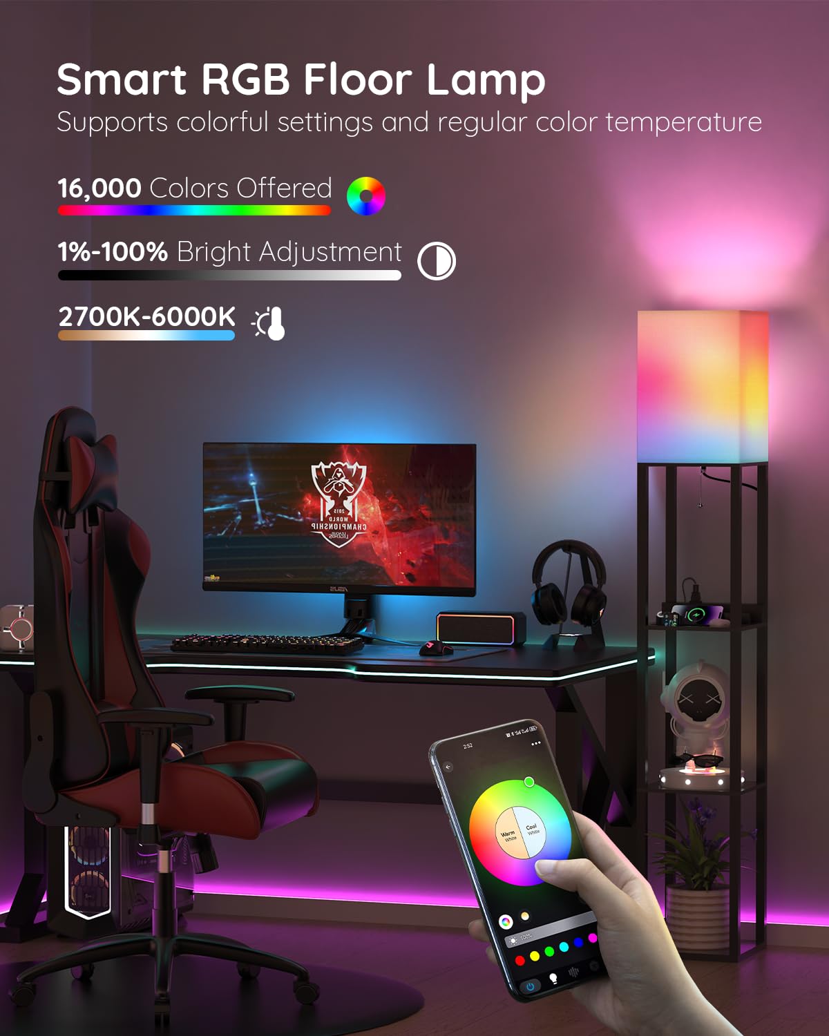 PAZZO Smart RGB Floor Lamp with Shelves - Alexa Compatible, Solid Wood Design, 2 USB Charging Ports & 1 Power Outlet - Modern Standing Lamp for Living Room, Bedroom, Office (Bulb Included, Matt Black) - Perfect for Reading, Gaming & Home Decor