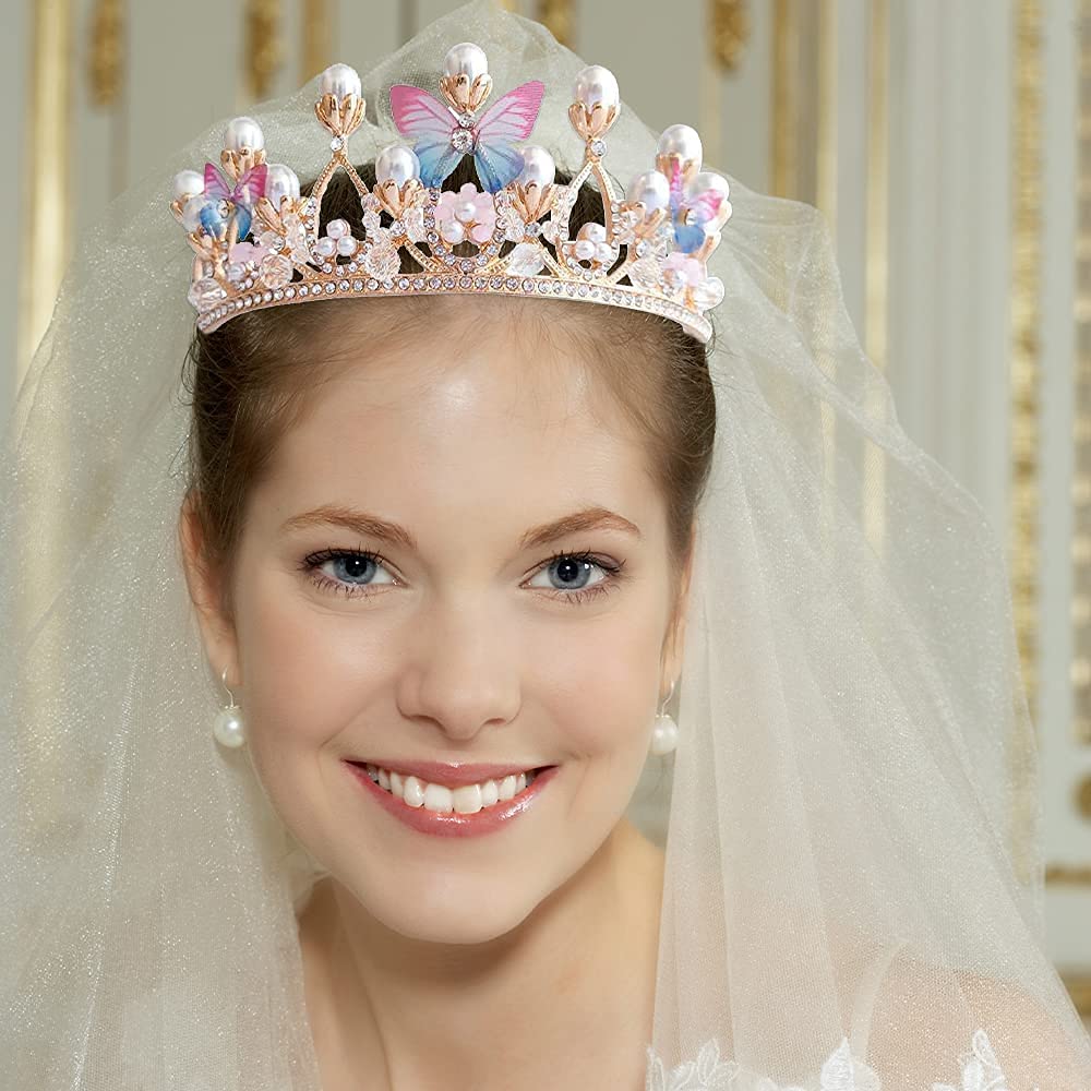 APKEY Princess Headband with Pearl & Butterfly Design - Vintage Rhinestone Crown for Wedding, Bridal, Prom, Pageant, Girls' Costume & Special Occasions