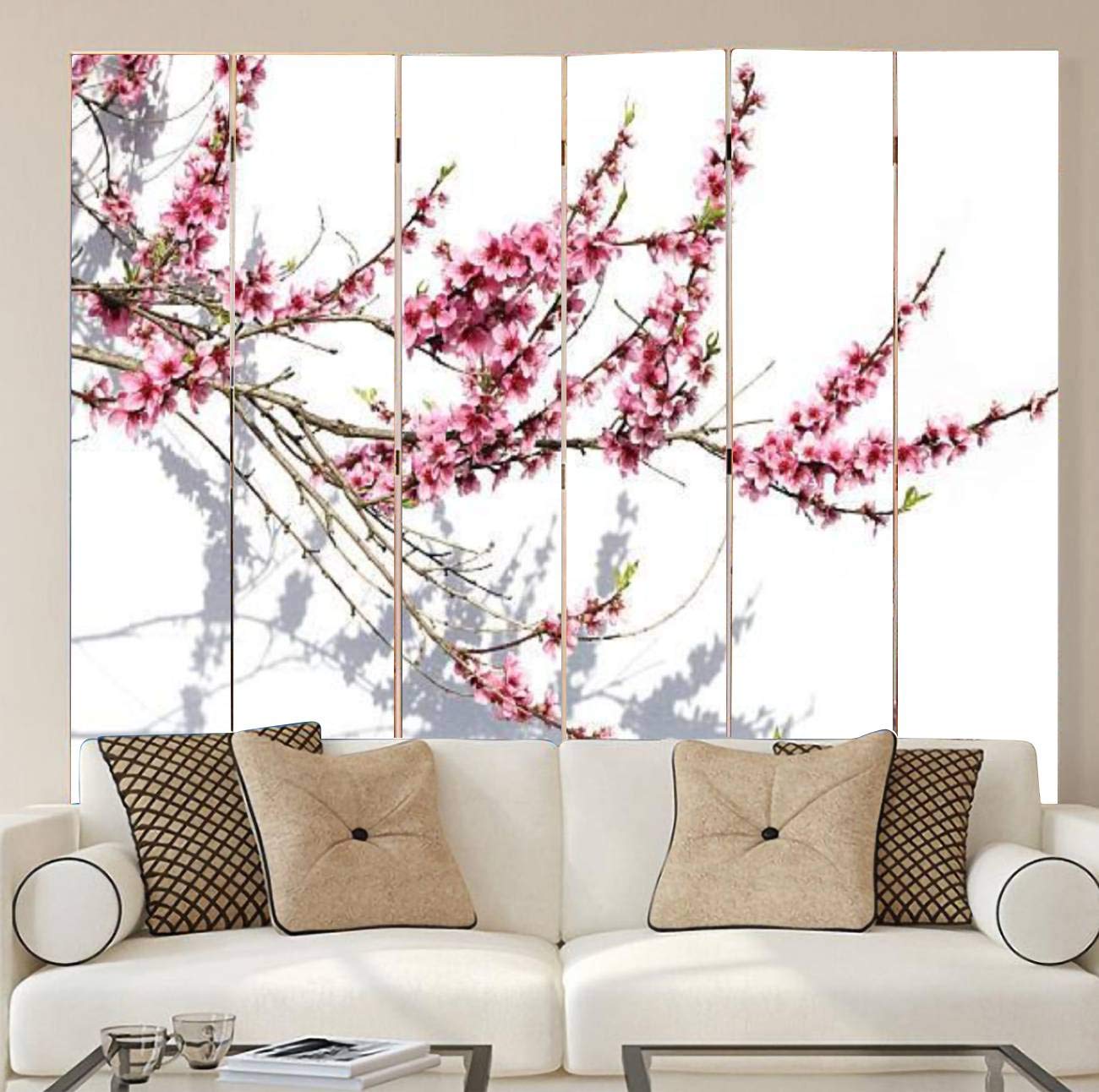 Large Wooden Room Divider with Blooming Tree Design - 6-Panel Folding Privacy Screen, Dual-Sided Canvas Partition for Home & Office - Perfect for Living Room, Bedroom, or Studio Space Divider
