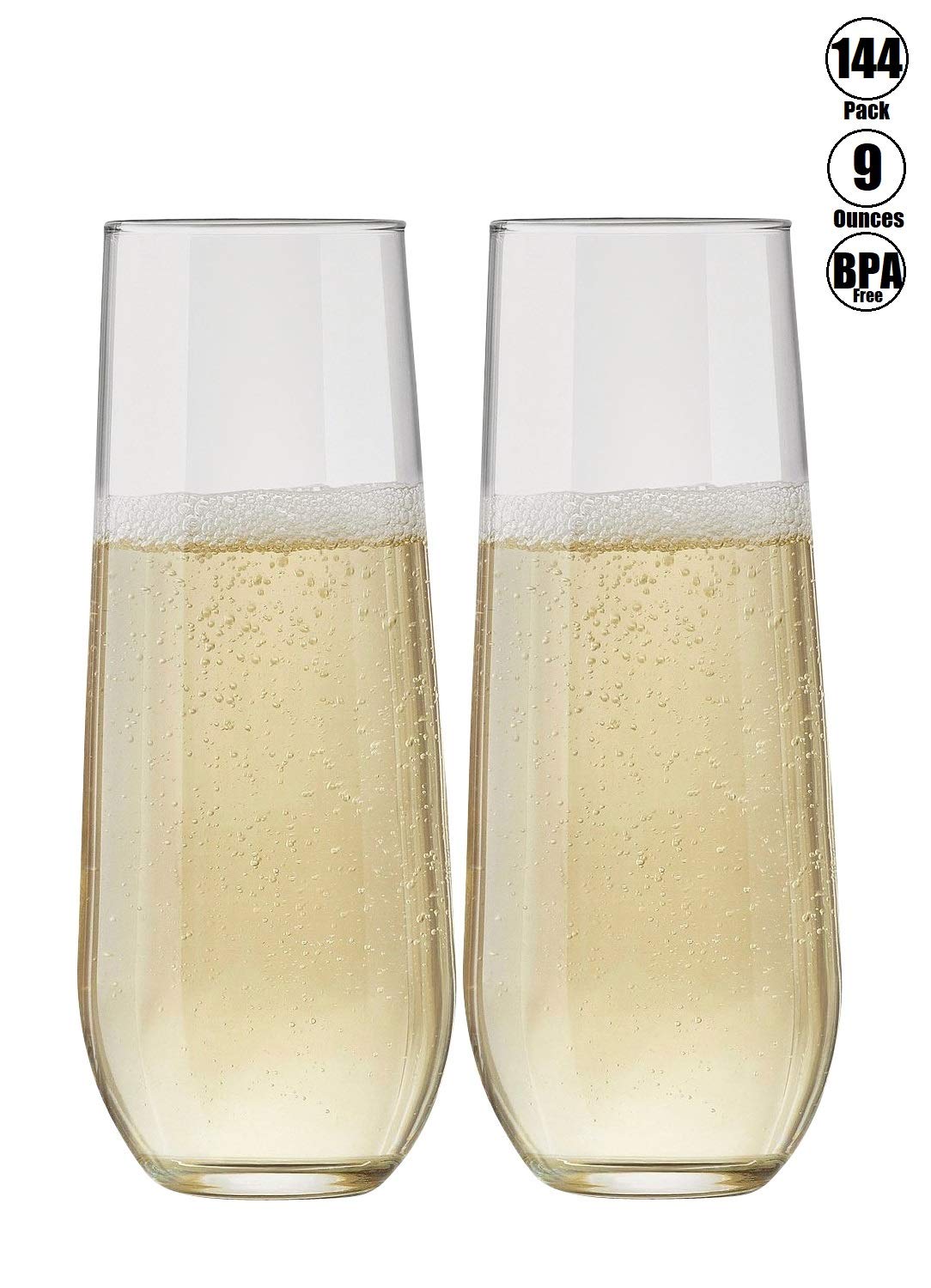 144-Piece 9 oz Unbreakable Stemless Wine Glasses Set - Premium Disposable Plastic Champagne Flutes for Parties, Weddings, Events & Celebrations - Perfect for Outdoor Gatherings, Picnics, and Catering Services
