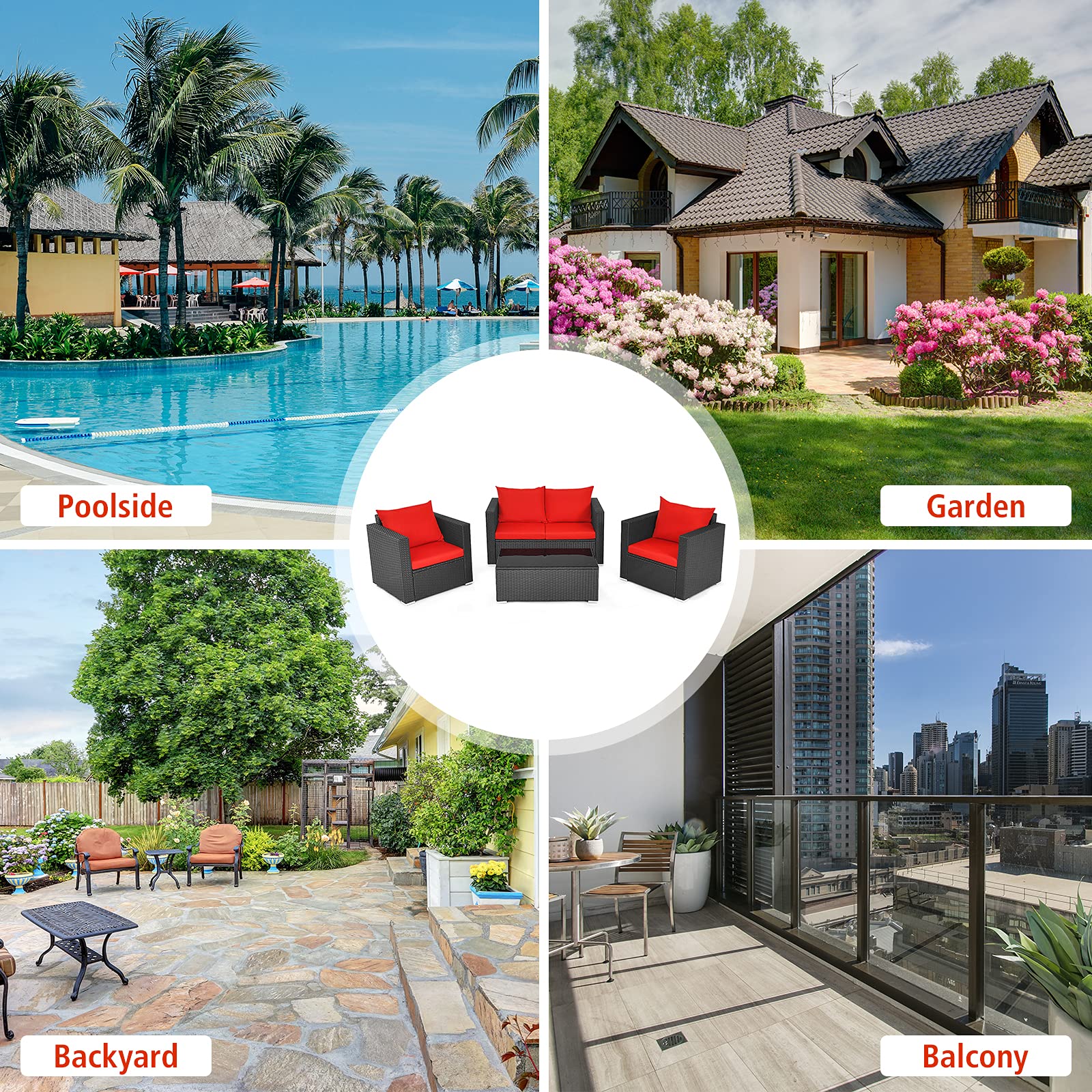 HappyGrill 4-Piece Outdoor Patio Conversation Set - Rattan Wicker Sofa with Tempered Glass Table & Removable Cushions - Garden, Backyard, Poolside Furniture for Relaxing and Entertaining
